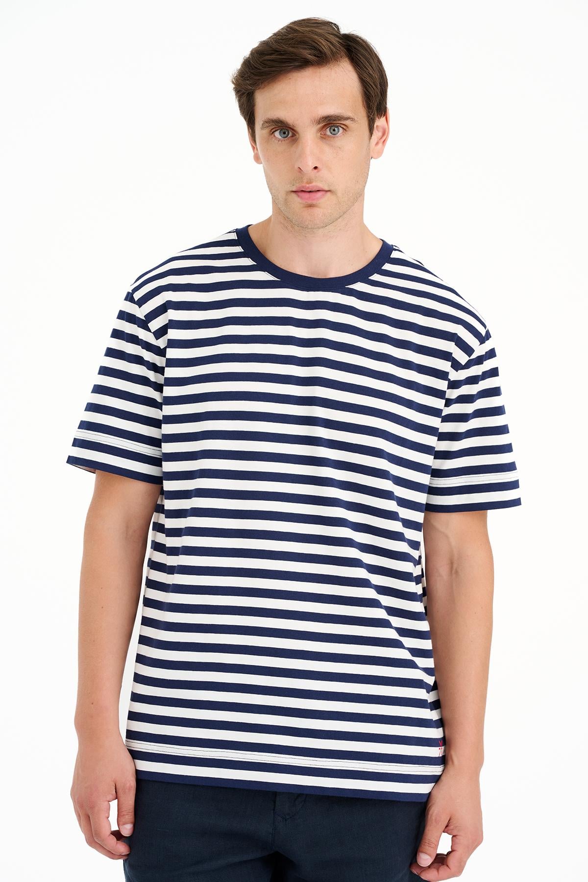 Erkek Lacivert Çizgili Bisiklet Yaka T-Shirt