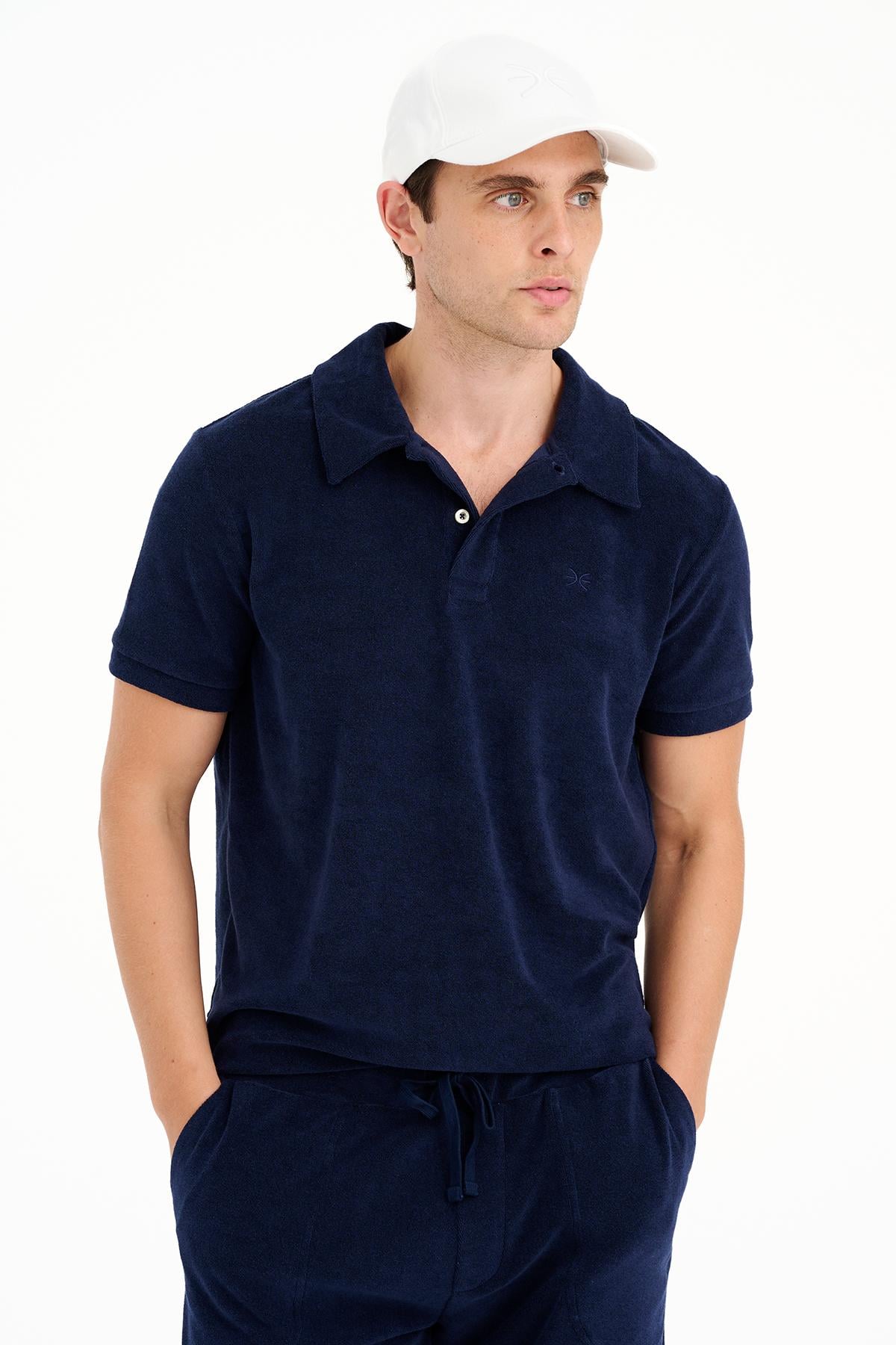 Erkek Lacivert Polo Yaka Havlu T-Shirt