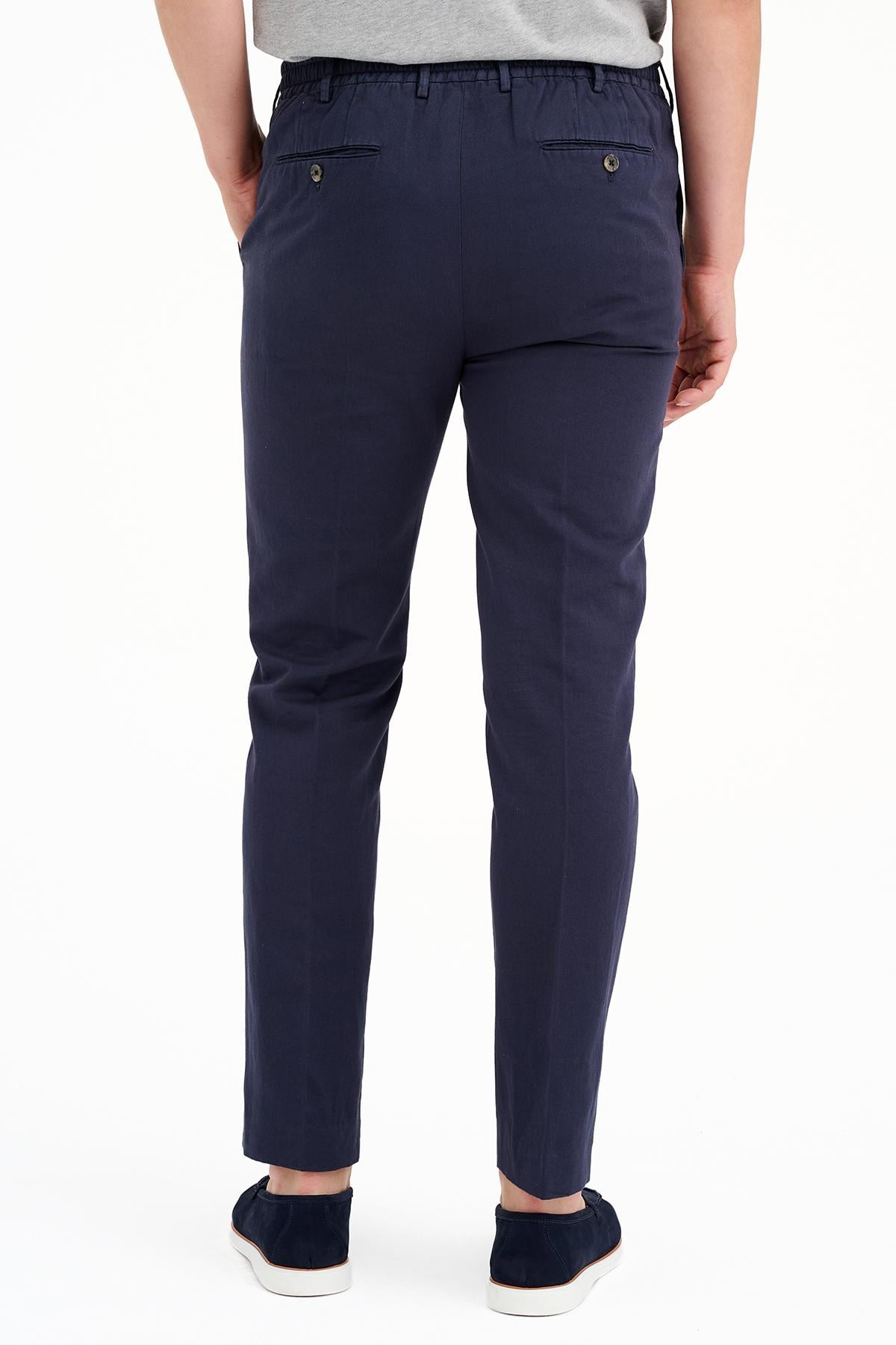 Erkek Lacivert Beli Kordonlu Keten Karışımlı Pantolon