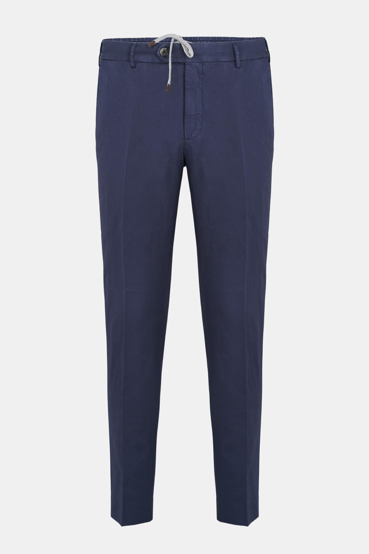 Erkek Lacivert Beli Kordonlu Keten Karışımlı Pantolon