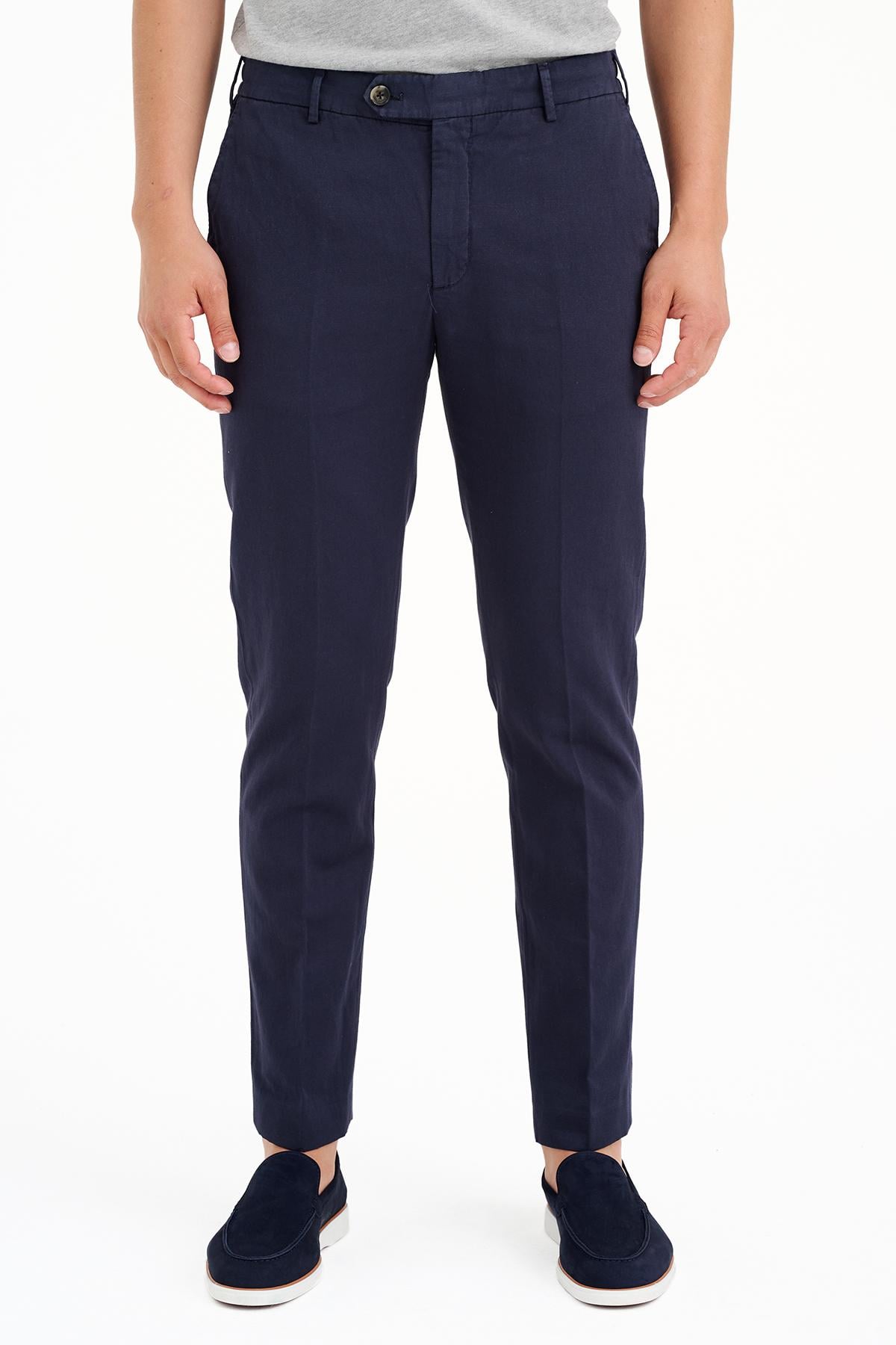 Erkek Lacivert Beli Kordonlu Keten Karışımlı Pantolon