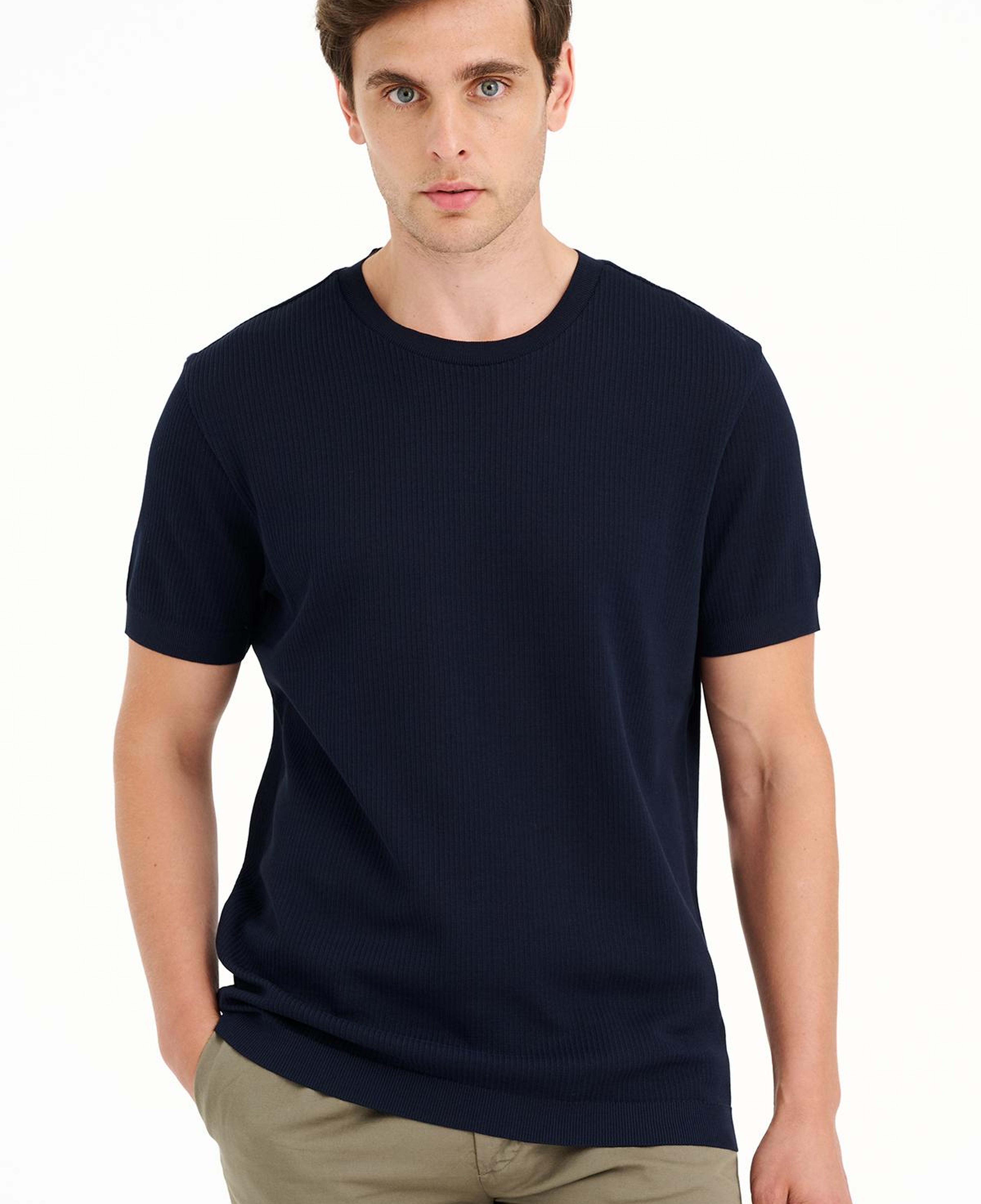 Erkek Lacivert Bisiklet Yaka Dokulu T-Shirt