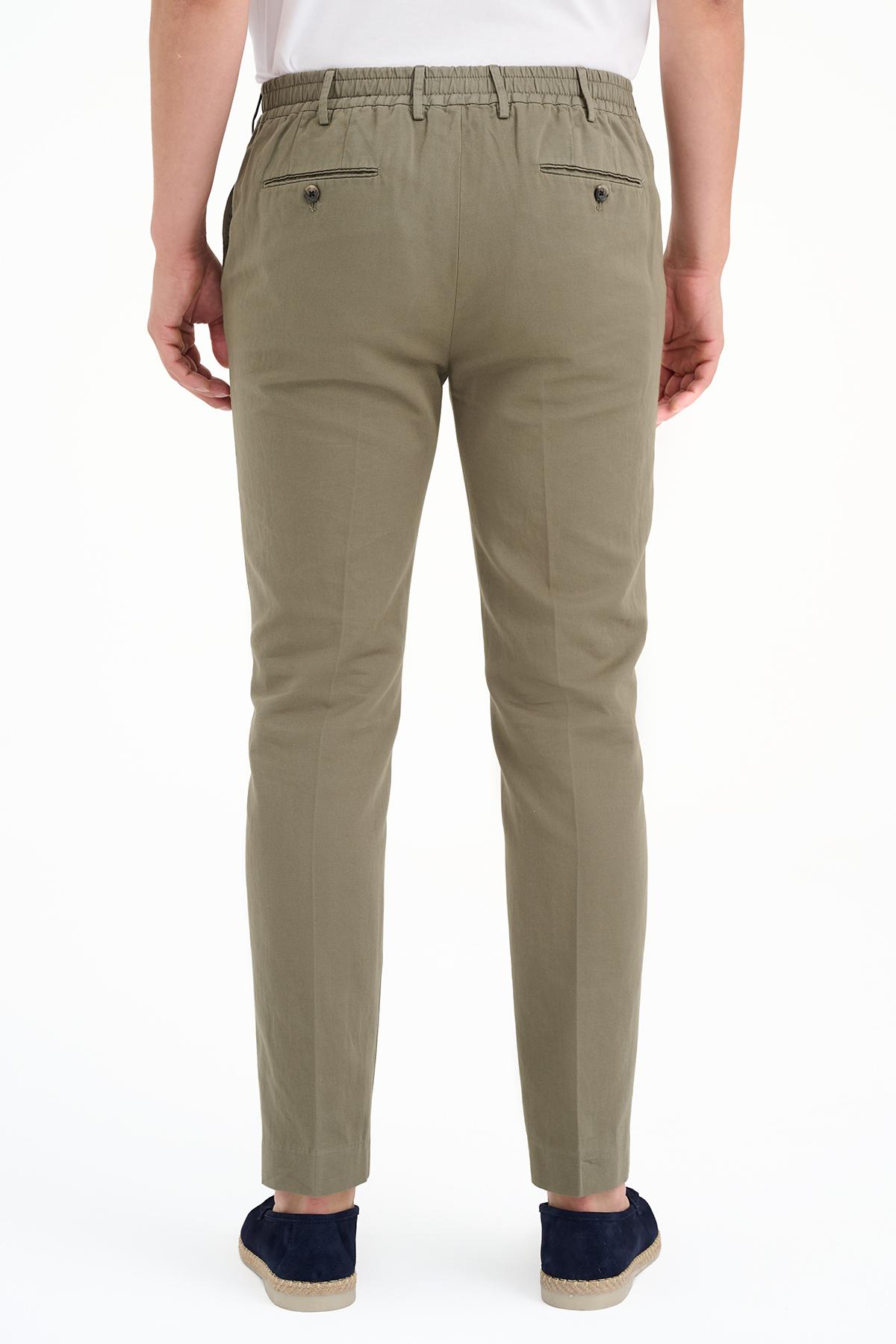 Erkek Haki Beli Kordonlu Keten Karışımlı Pantolon