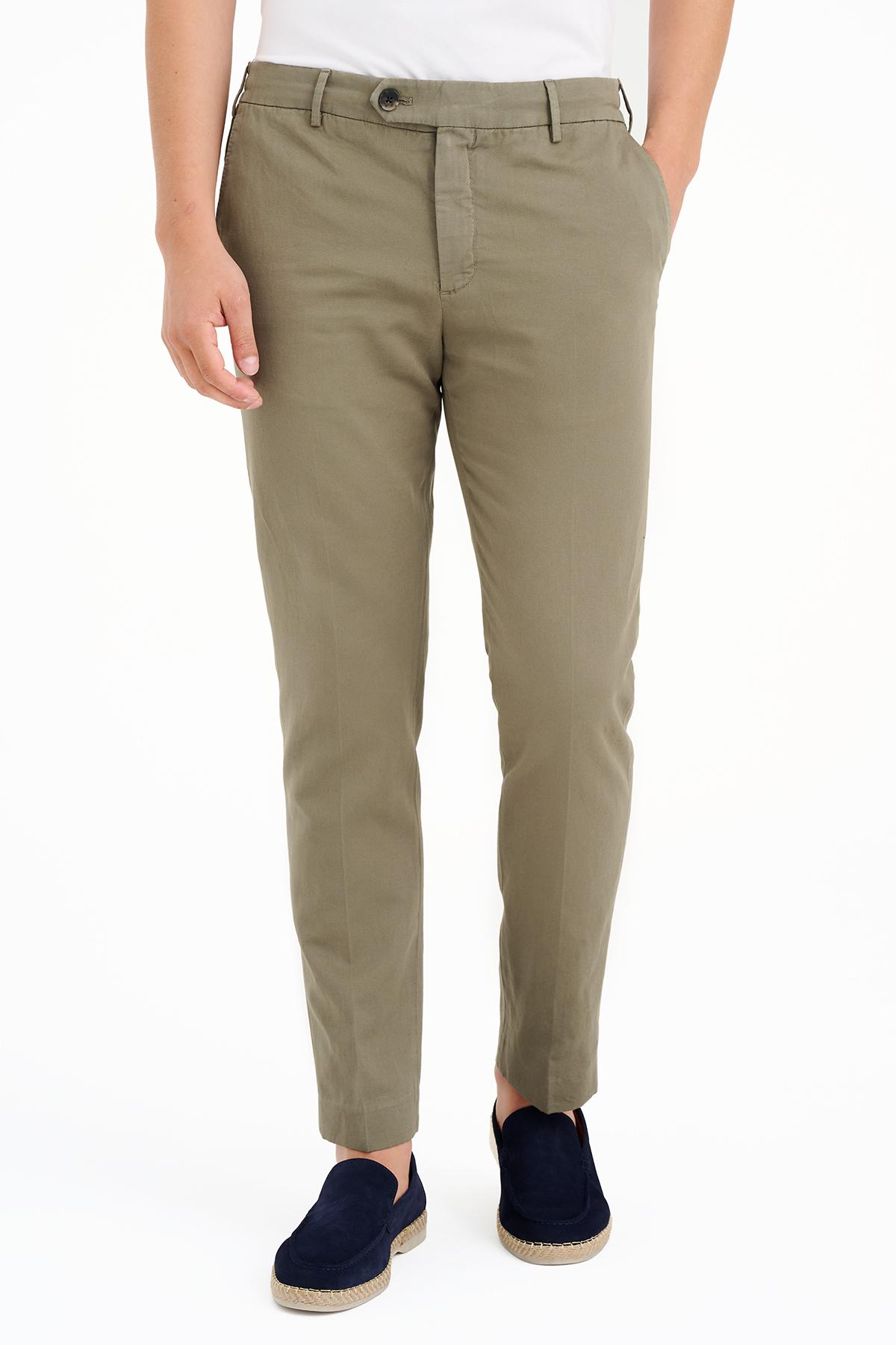 Erkek Haki Beli Kordonlu Keten Karışımlı Pantolon