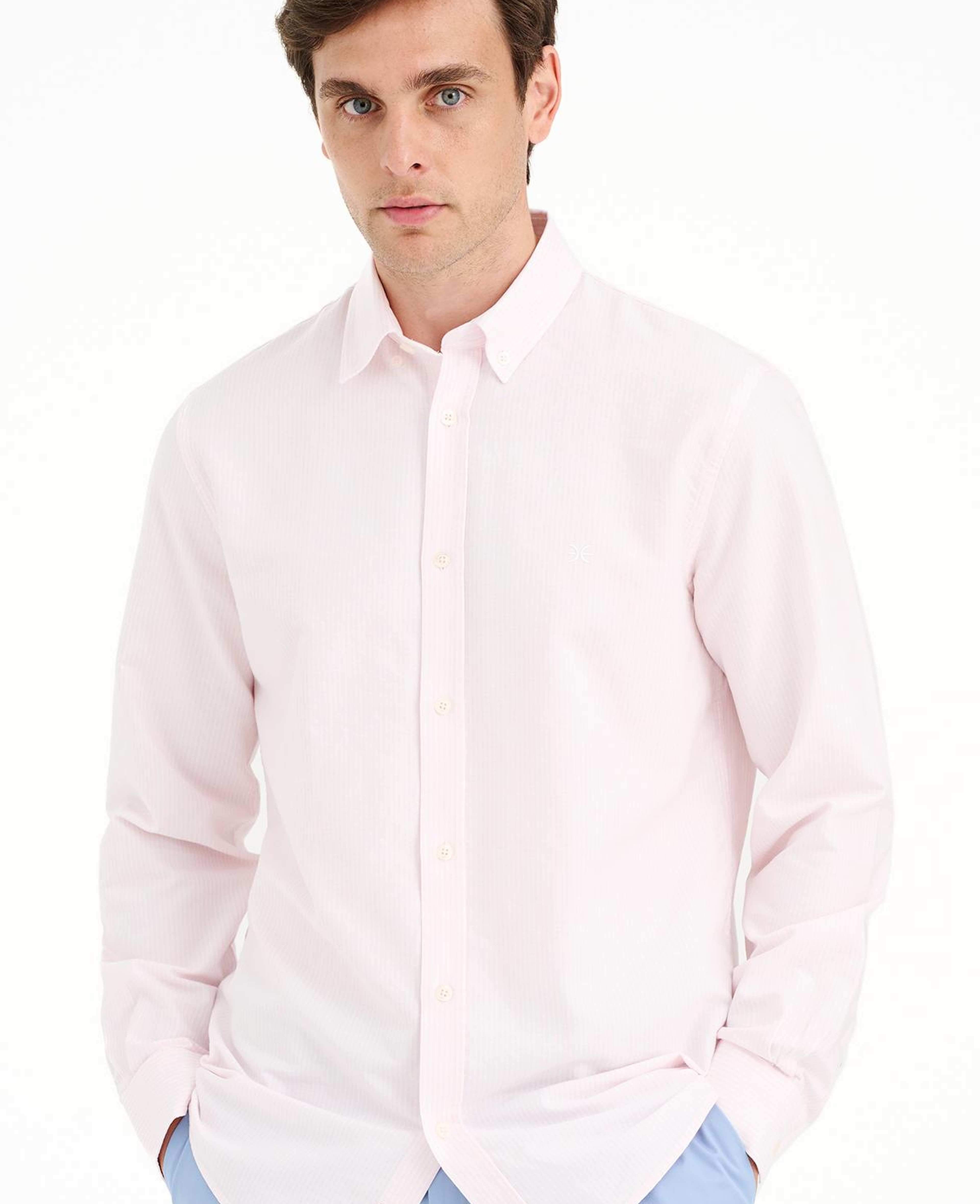 Erkek Pembe Düğmeli Yaka Çizgili Oxford Gömlek
