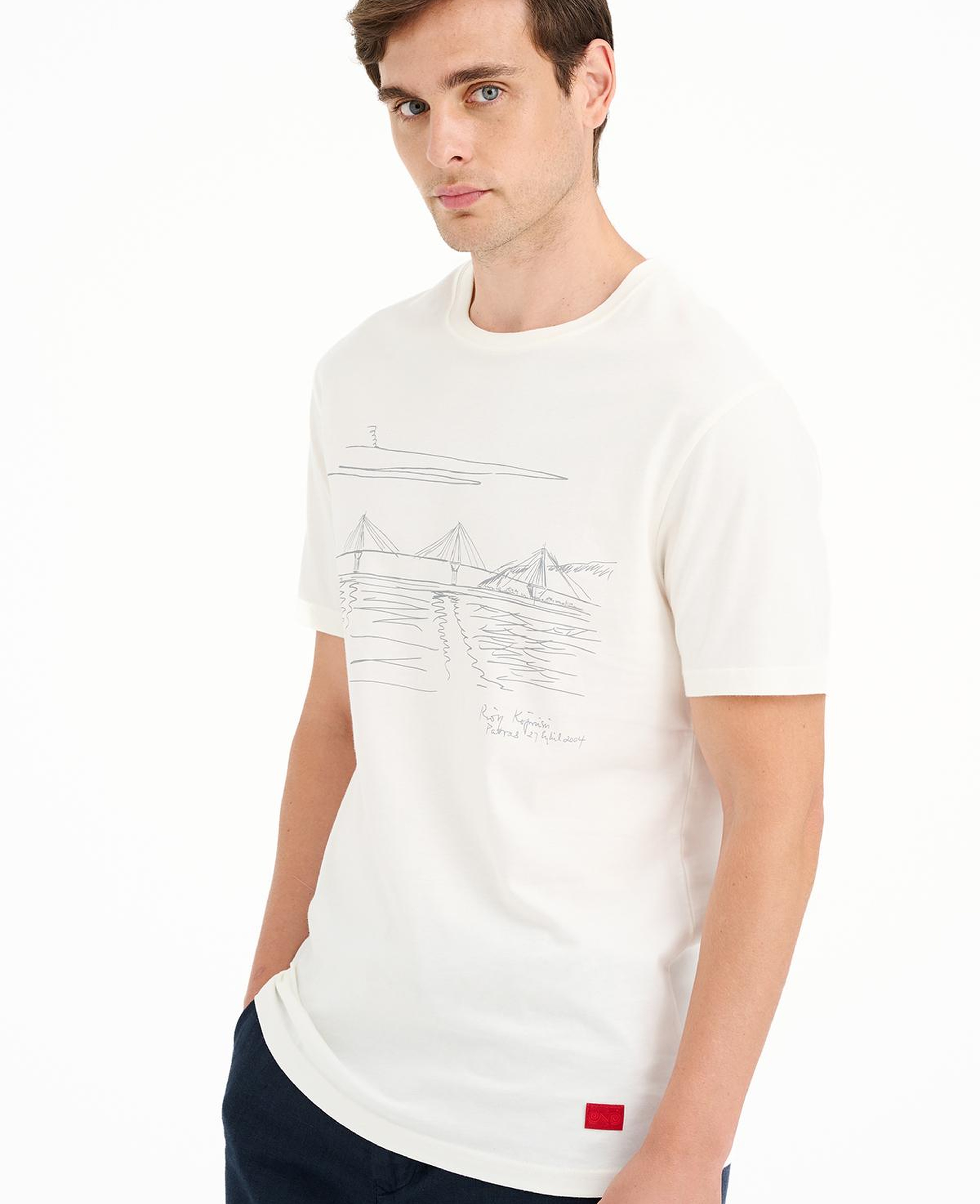 Erkek Beyaz Köprü Baskılı Bisiklet Yaka T-Shirt