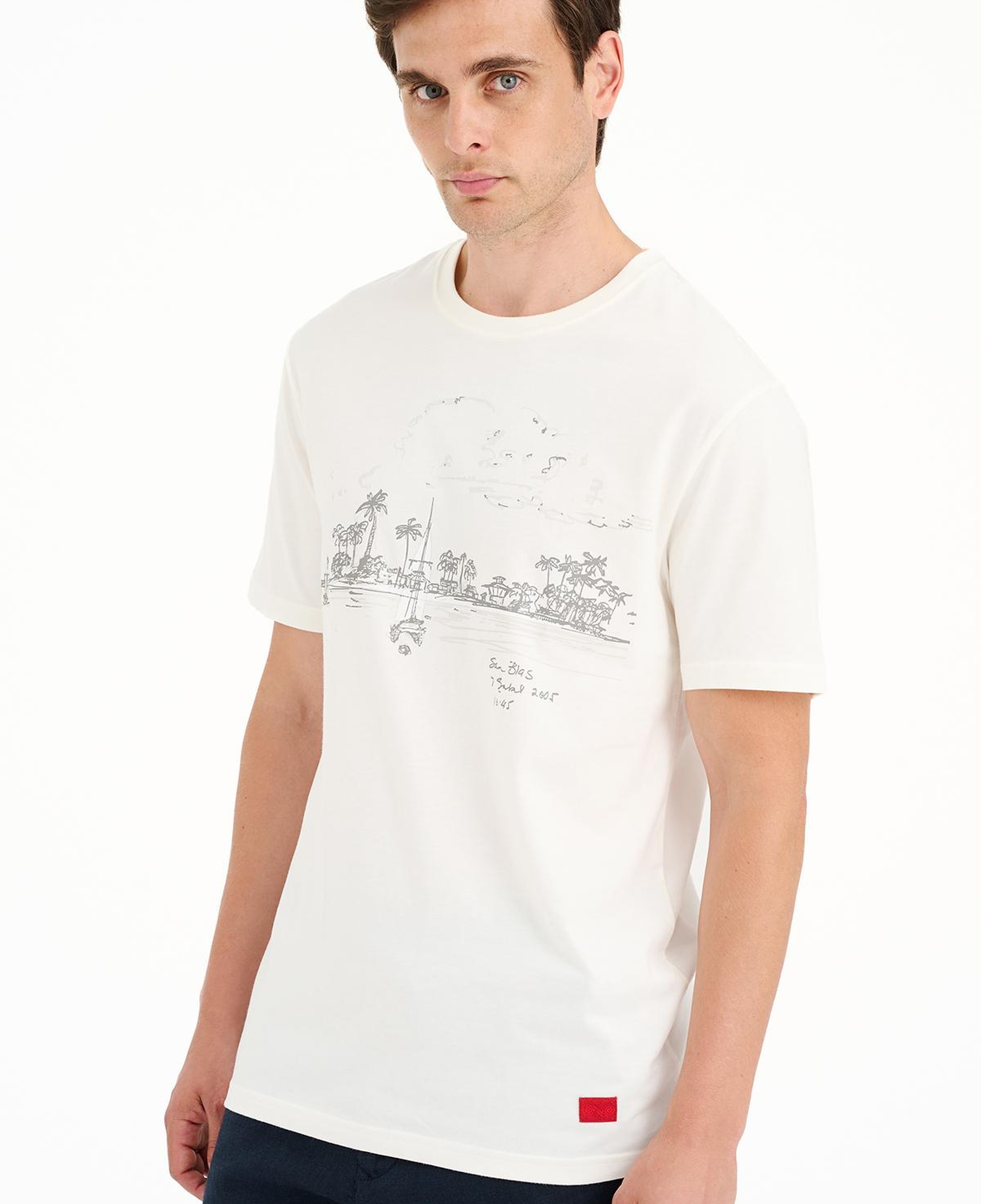 Erkek Beyaz St Blas Baskılı Bisiklet Yaka  T-Shirt
