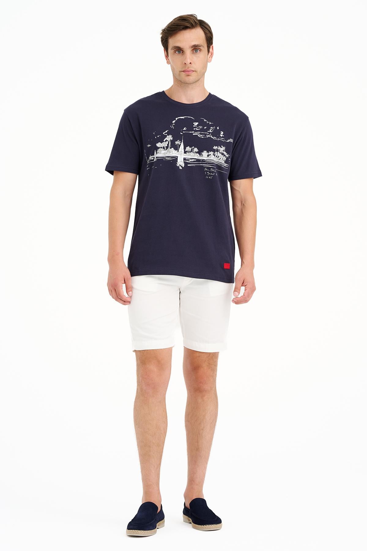 Erkek Lacivert St Blas Baskılı Bisiklet Yaka  T-Shirt