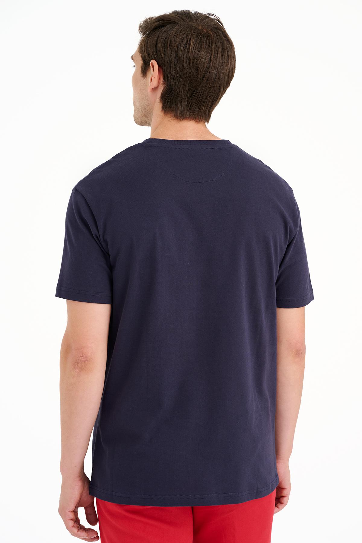 Erkek Lacivert Bayrak Baskılı Bisiklet Yaka  T-Shirt