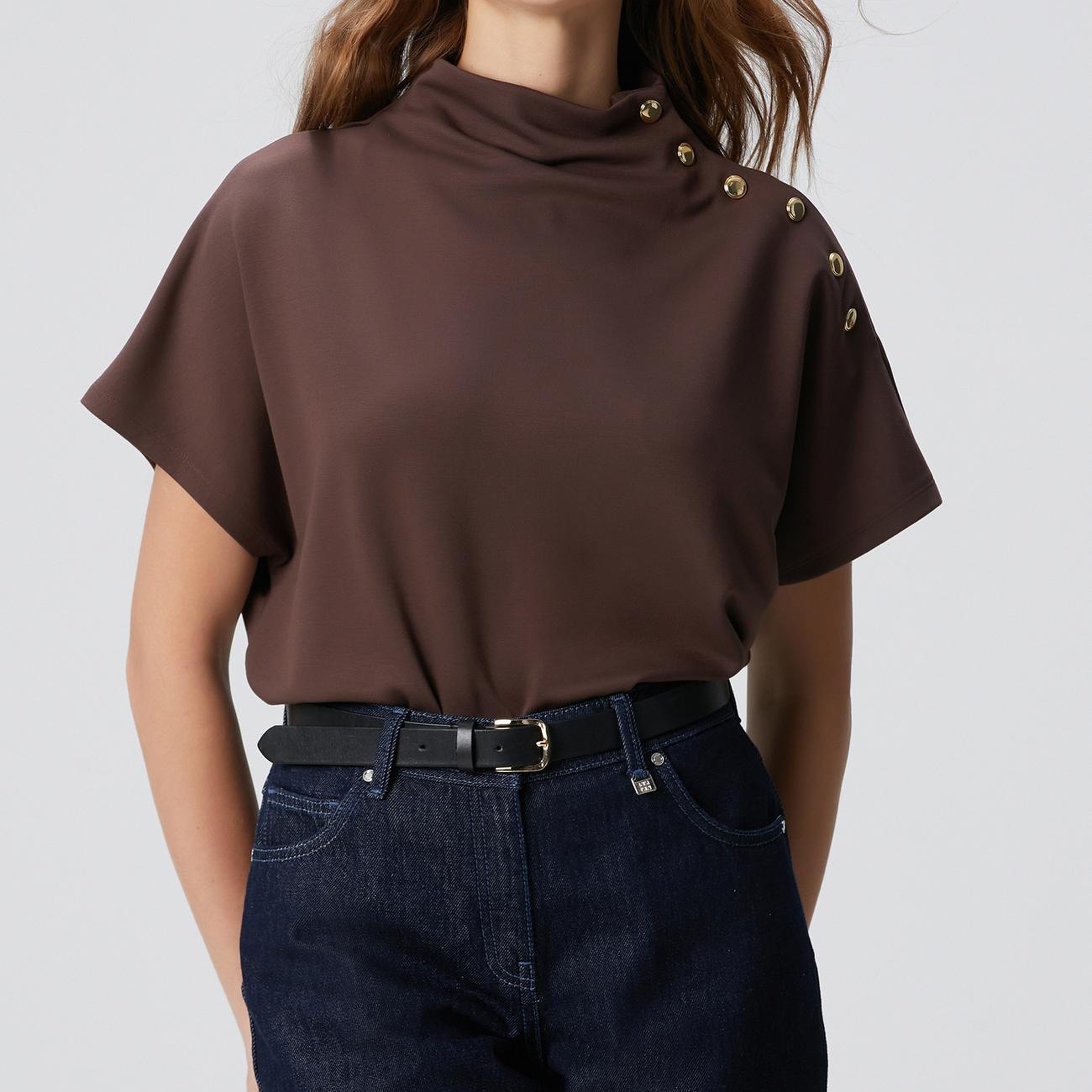 Network Kadın Acı Kahve Çıtçıt Detaylı T-Shirt