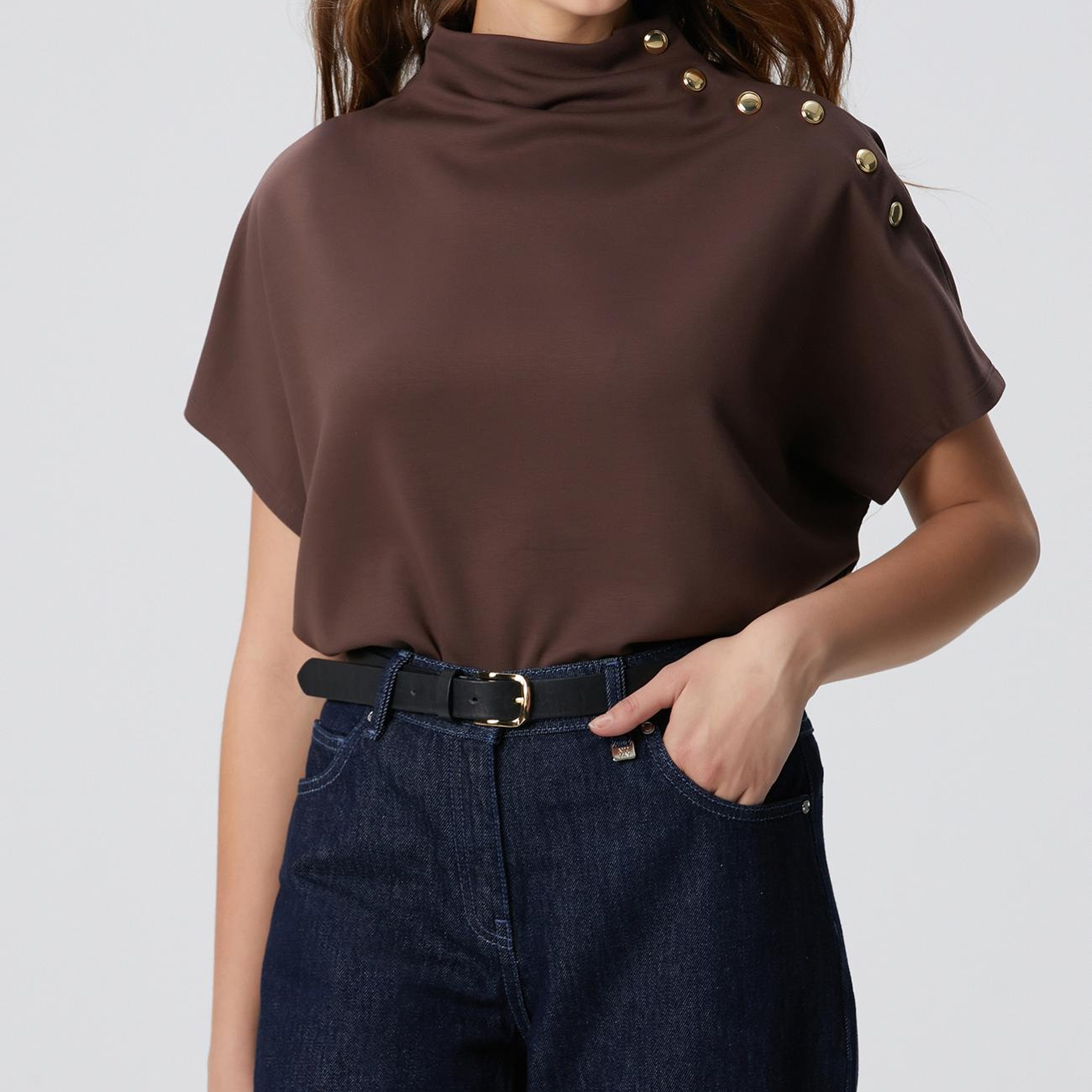 Network Kadın Acı Kahve Çıtçıt Detaylı T-Shirt