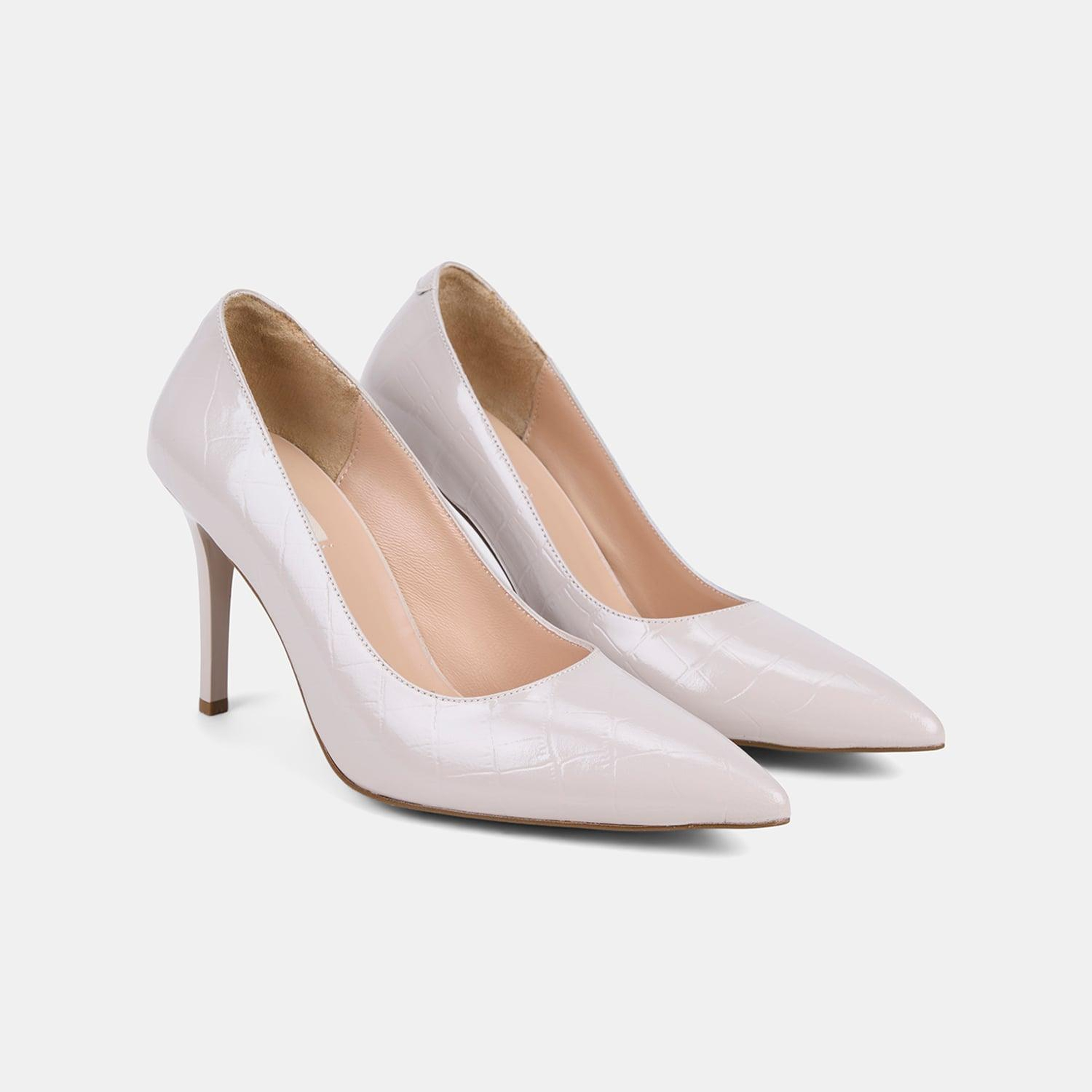 Kadın Bej Kroko Baskılı Sivri Burunlu Klasik Deri Stiletto