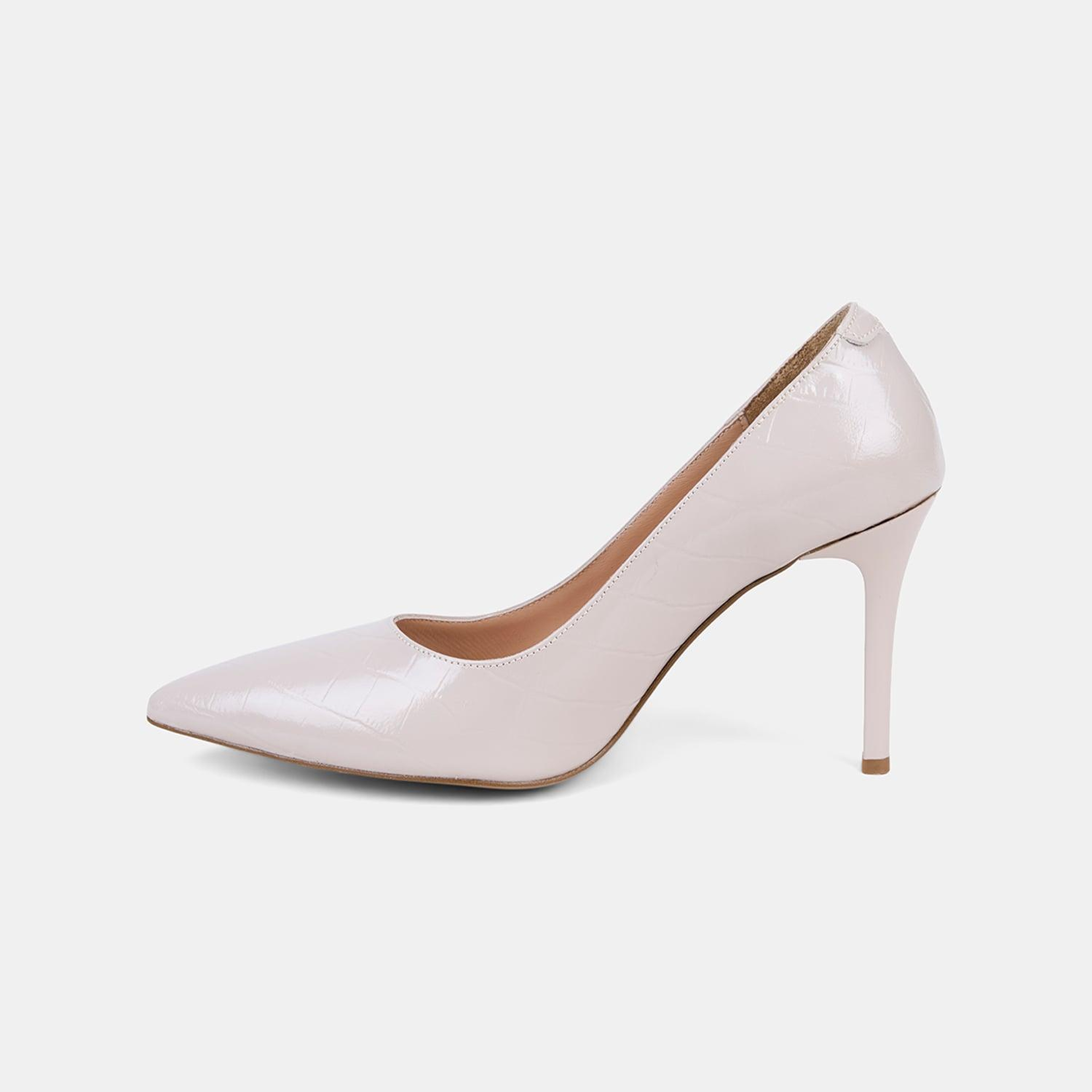 Kadın Bej Kroko Baskılı Sivri Burunlu Klasik Deri Stiletto