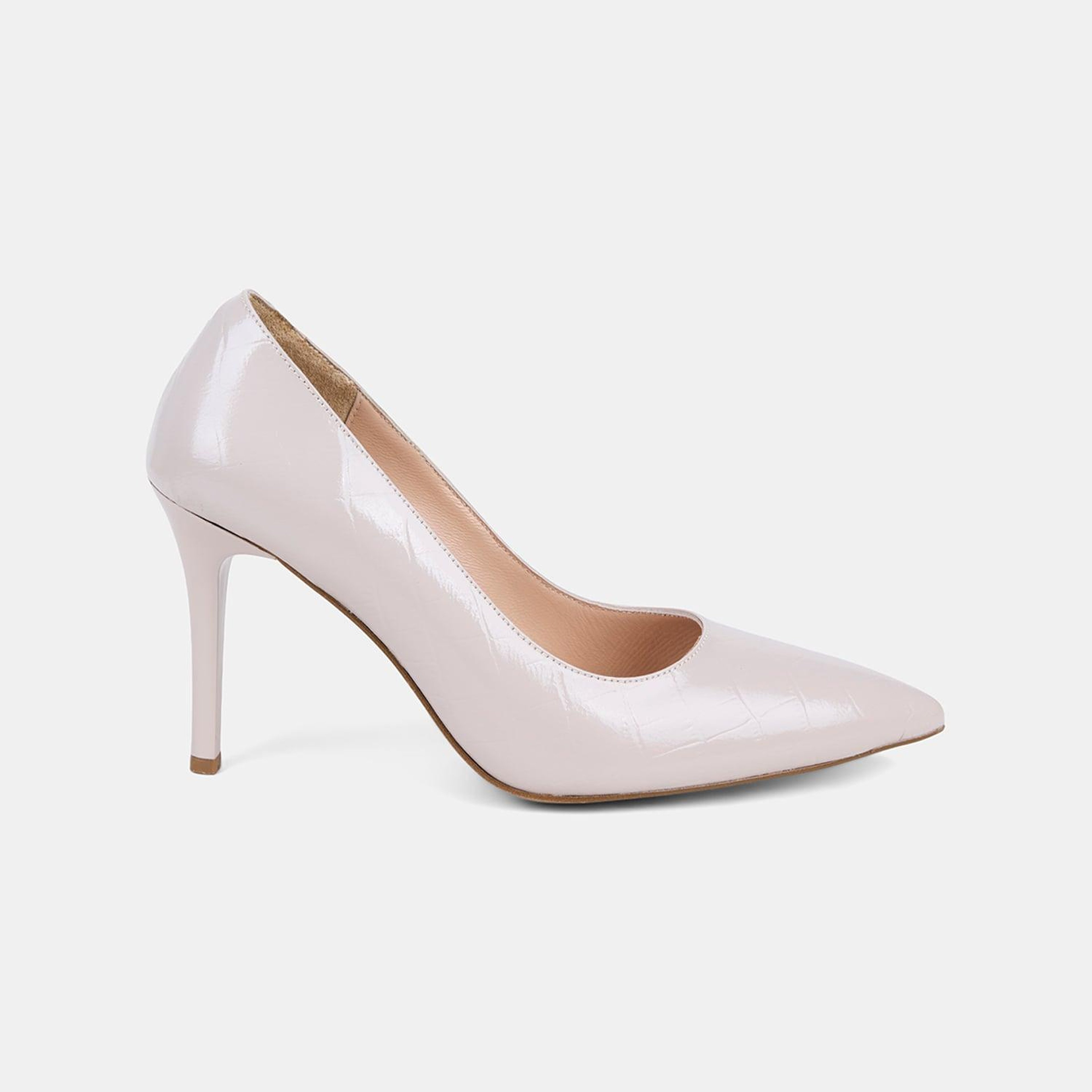 Kadın Bej Kroko Baskılı Sivri Burunlu Klasik Deri Stiletto