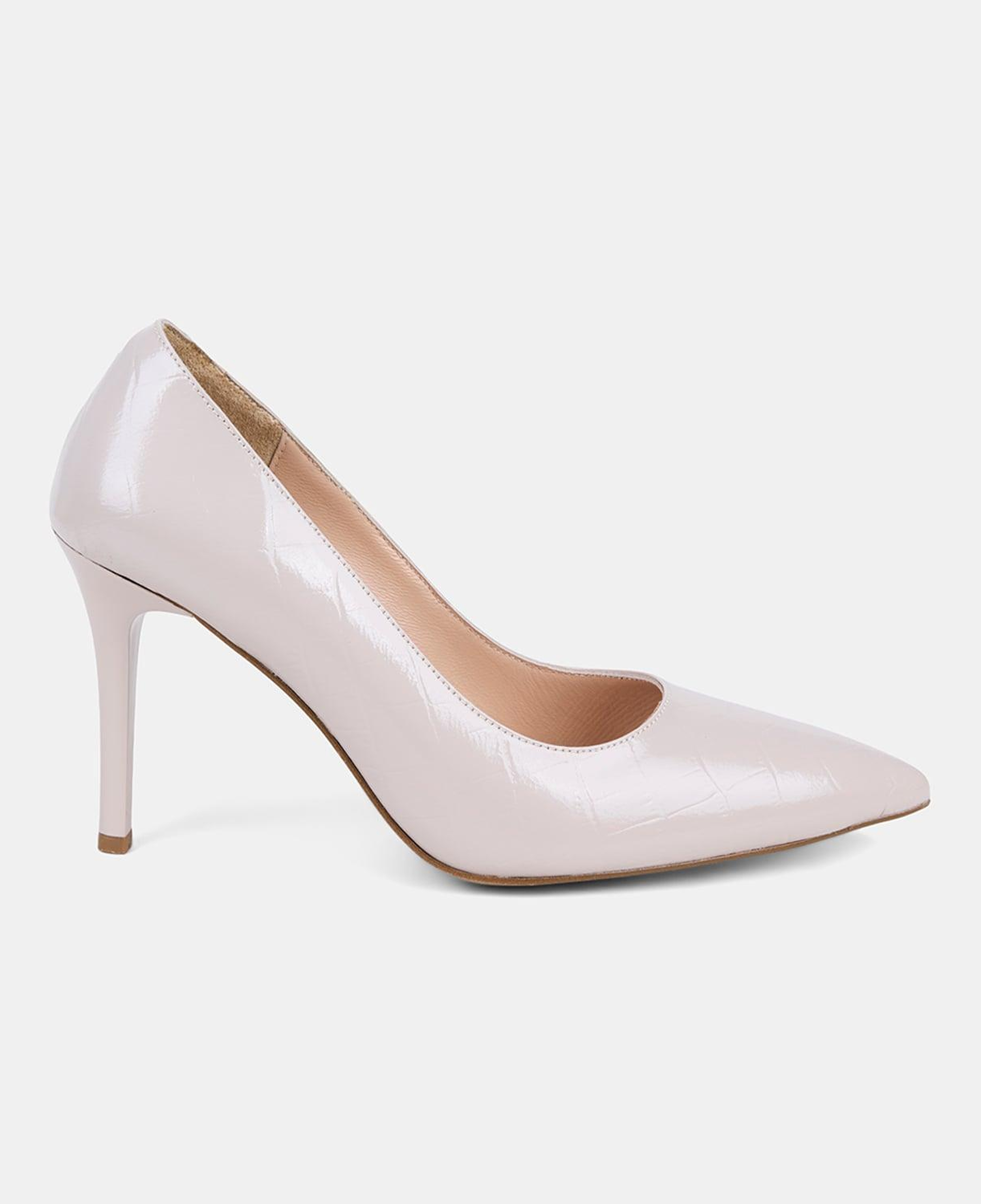 Kadın Bej Kroko Baskılı Sivri Burunlu Klasik Deri Stiletto
