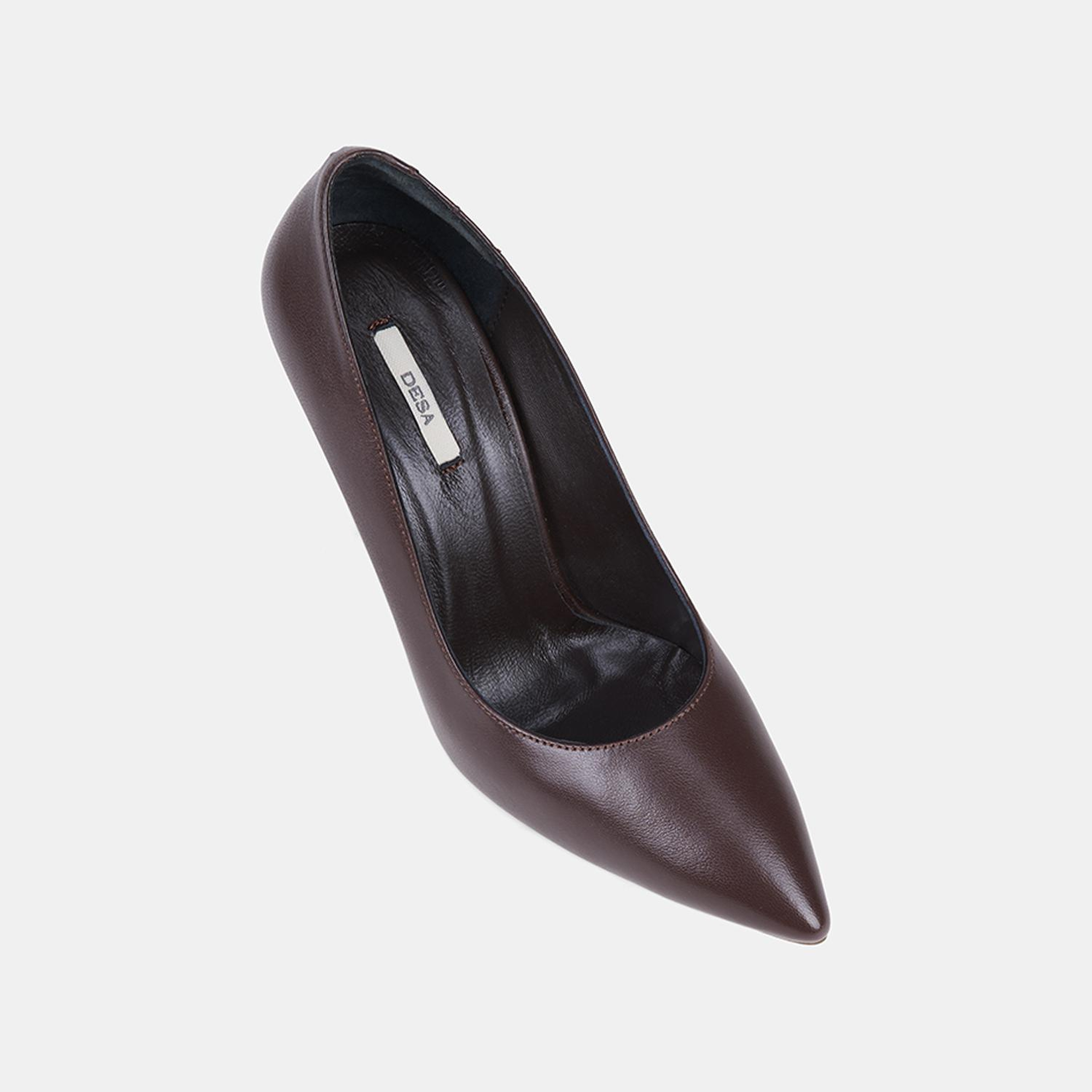 Kadın Kahve Sivri Burunlu Klasik Deri Stiletto
