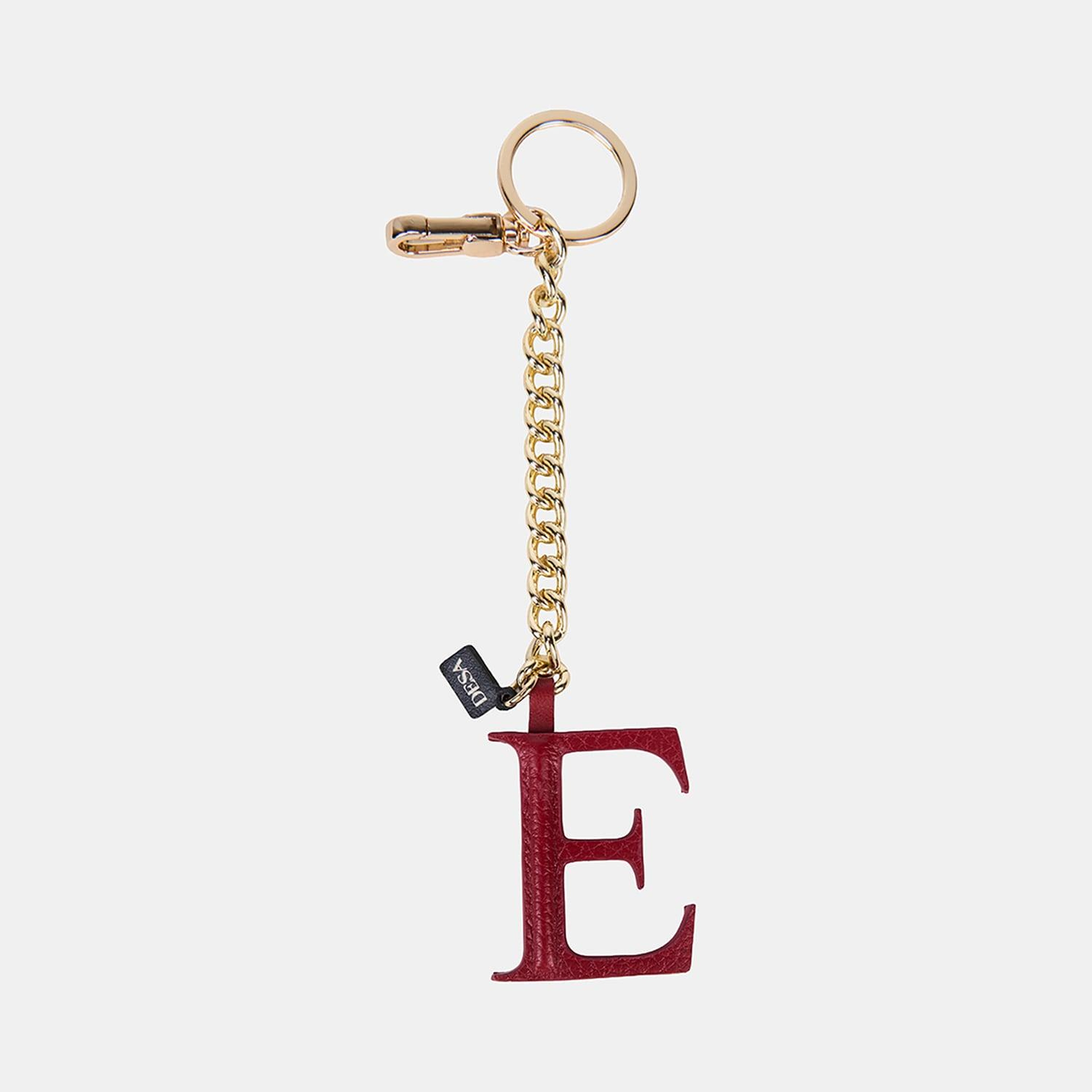 Kırmızı E Harfi Gold Zincirli Deri Charm / Anahtarlık