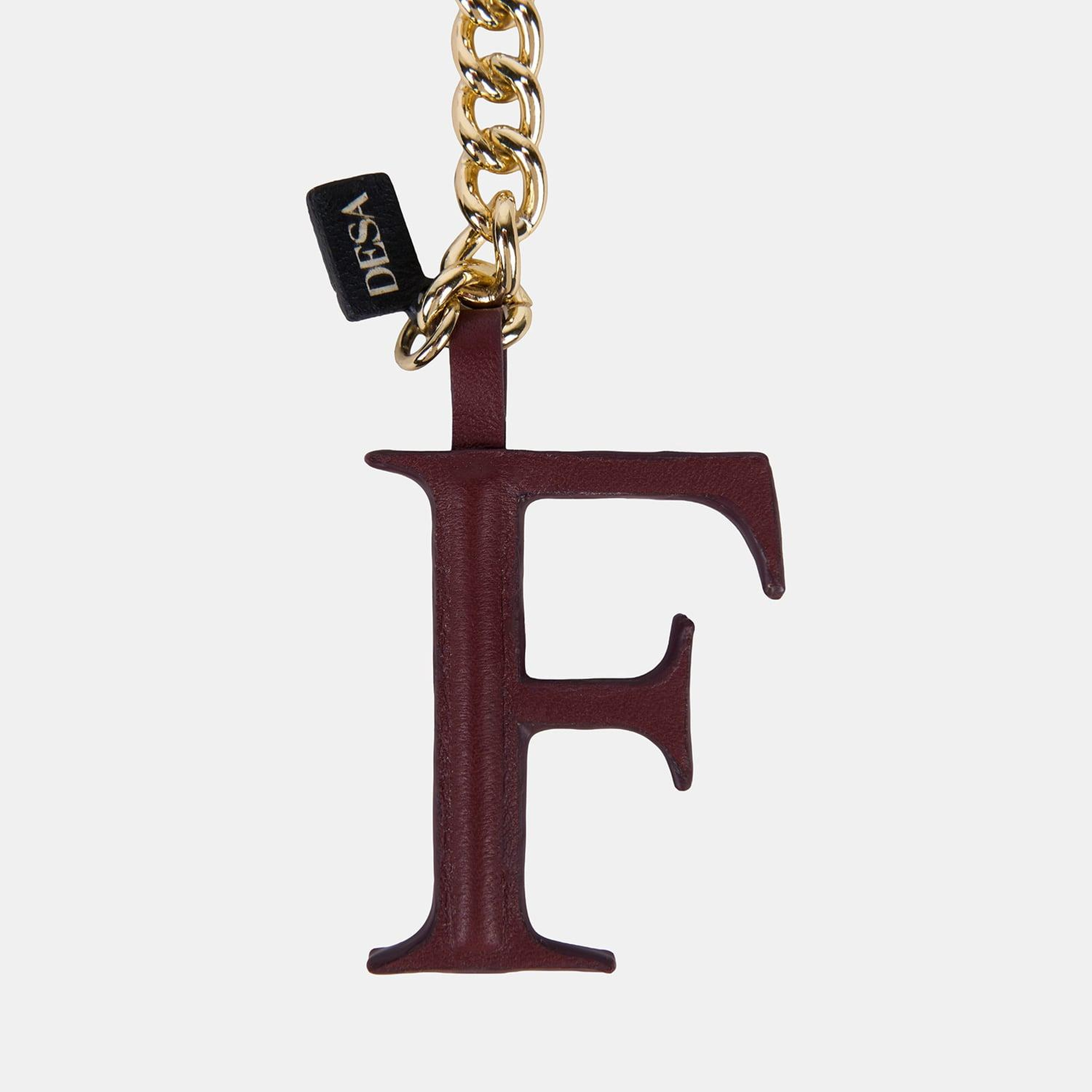 Bordo F Harfi Gold Zincirli Deri Charm / Anahtarlık