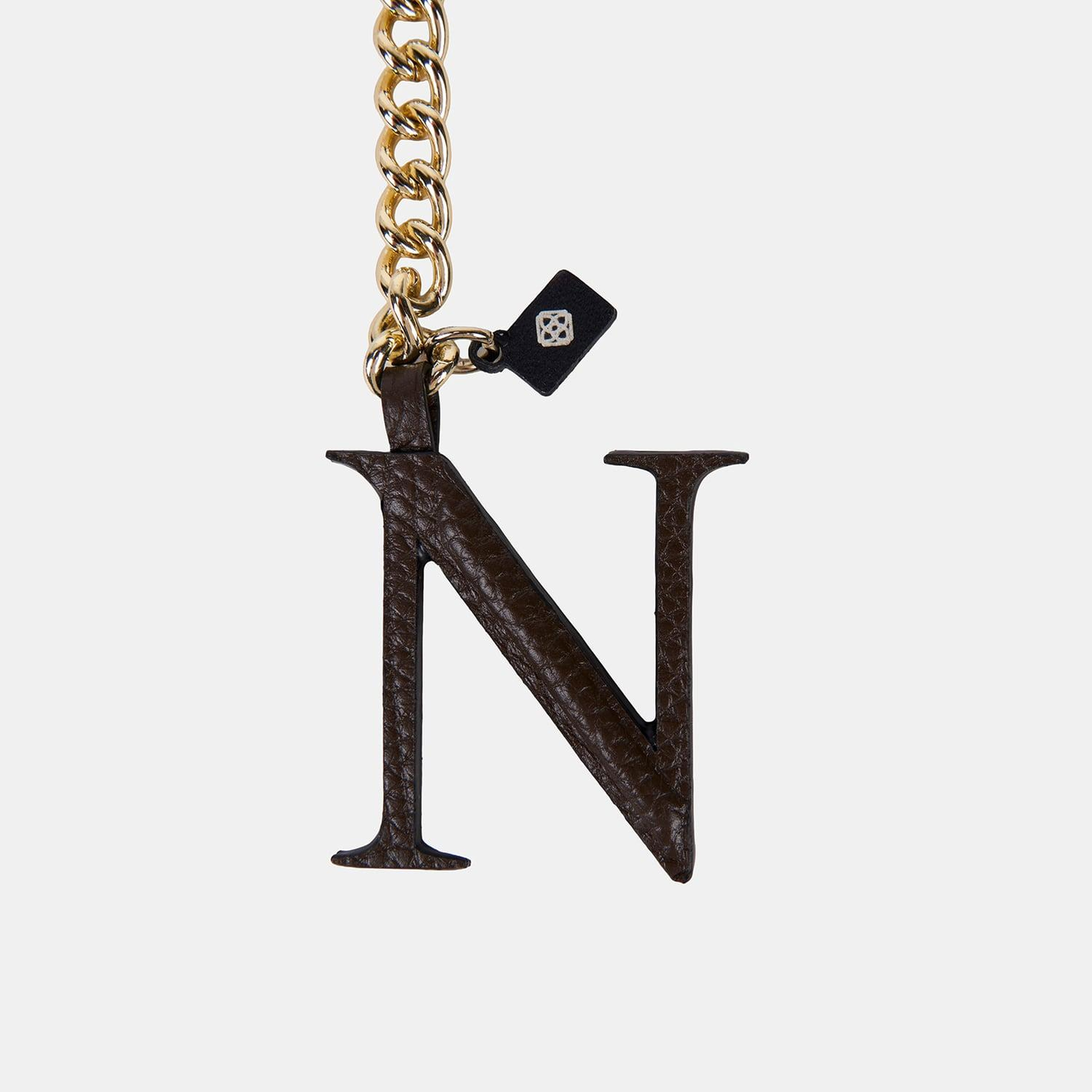Acı Kahve N Harfi Gold Zincirli Deri Charm / Anahtarlık