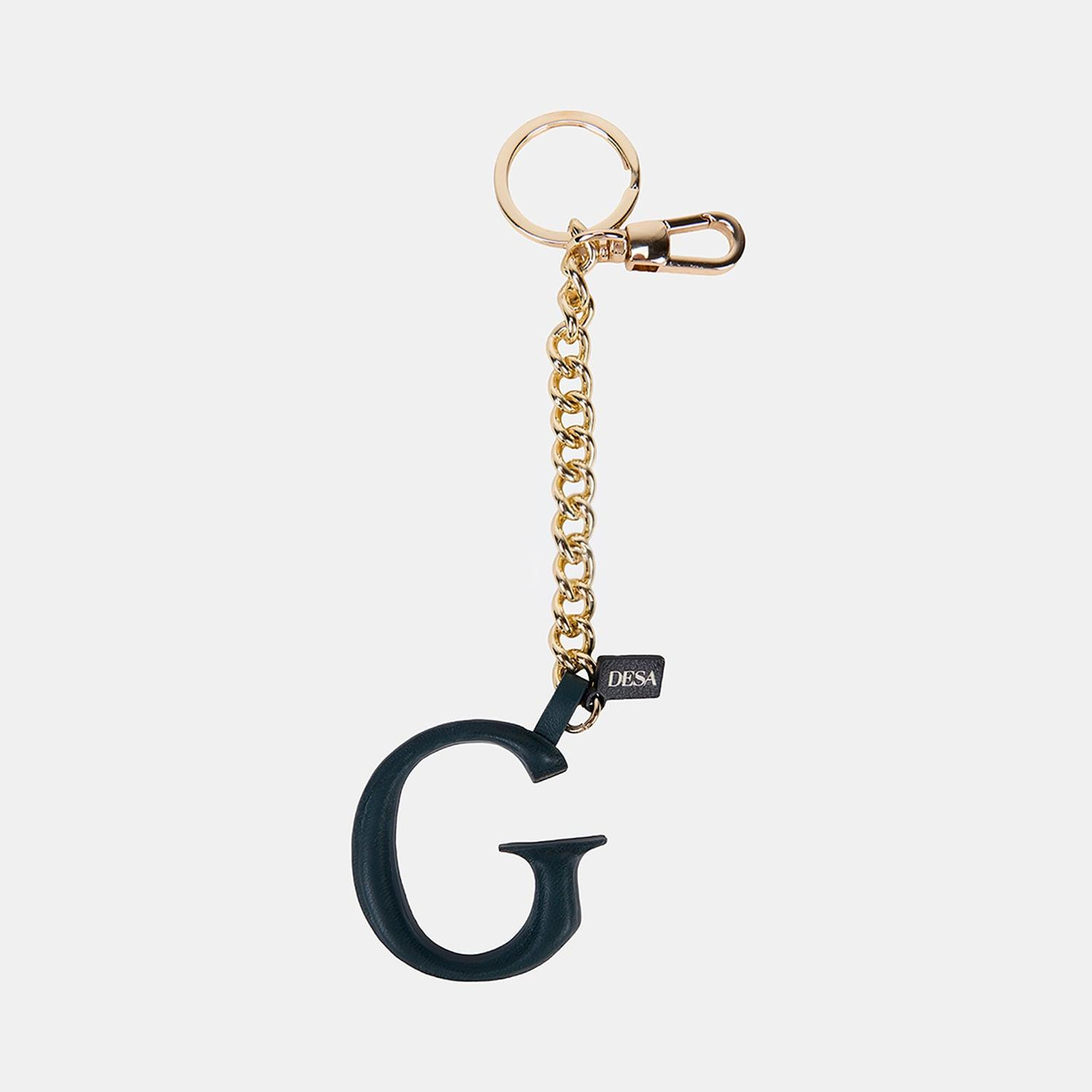 Koyu Yeşil G Harfi Gold Zincirli Deri Charm / Anahtarlık