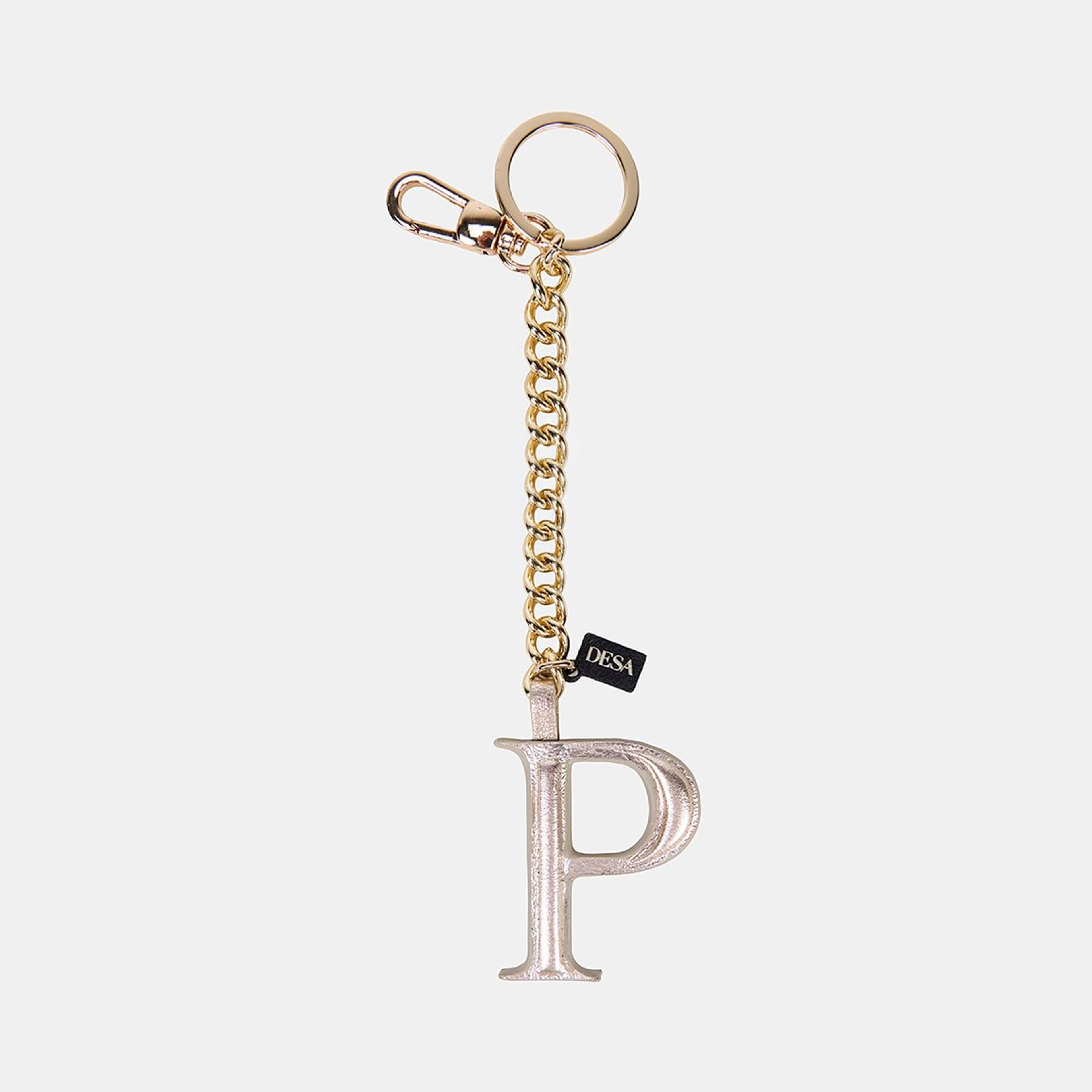 Gümüş P Harfi Gold Zincirli Deri Charm / Anahtarlık