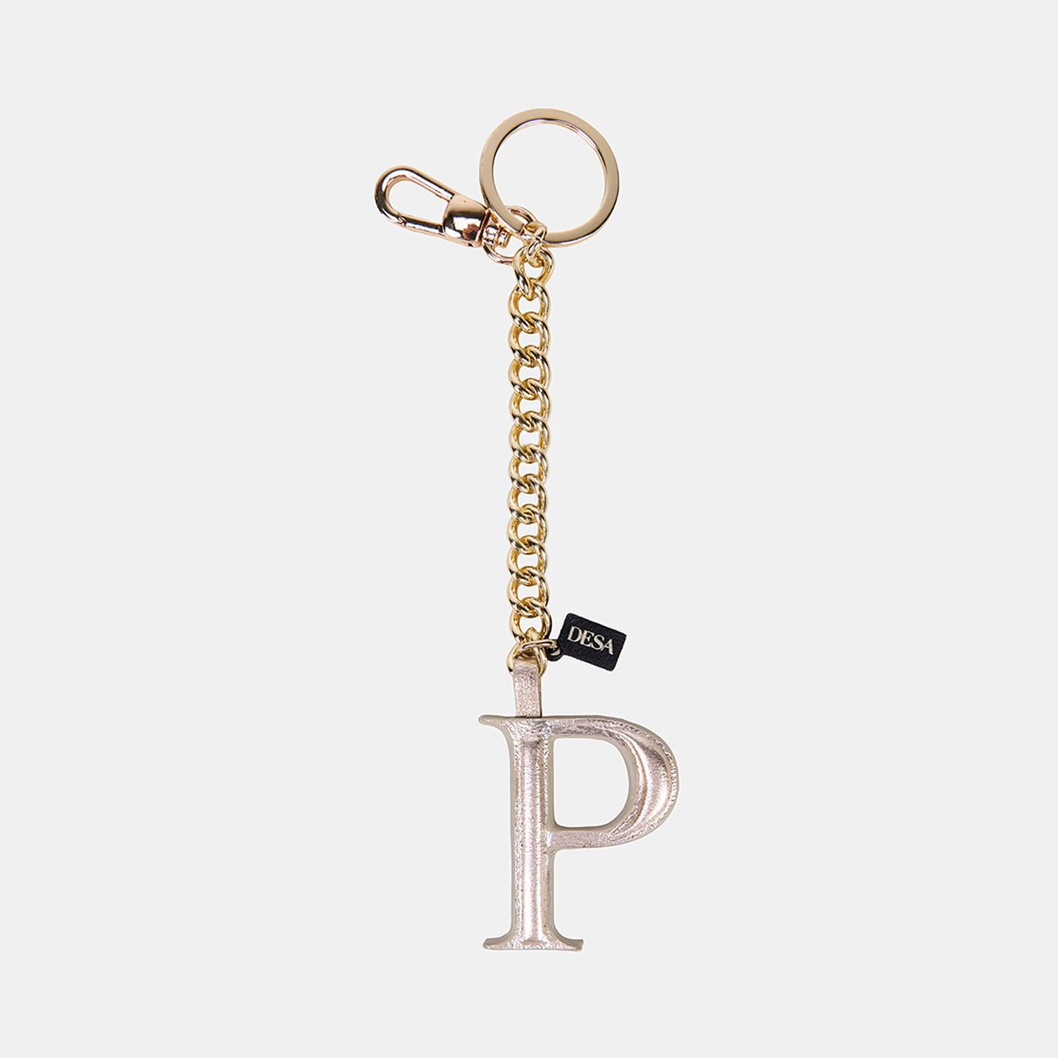 Gümüş P Harfi Gold Zincirli Deri Charm / Anahtarlık