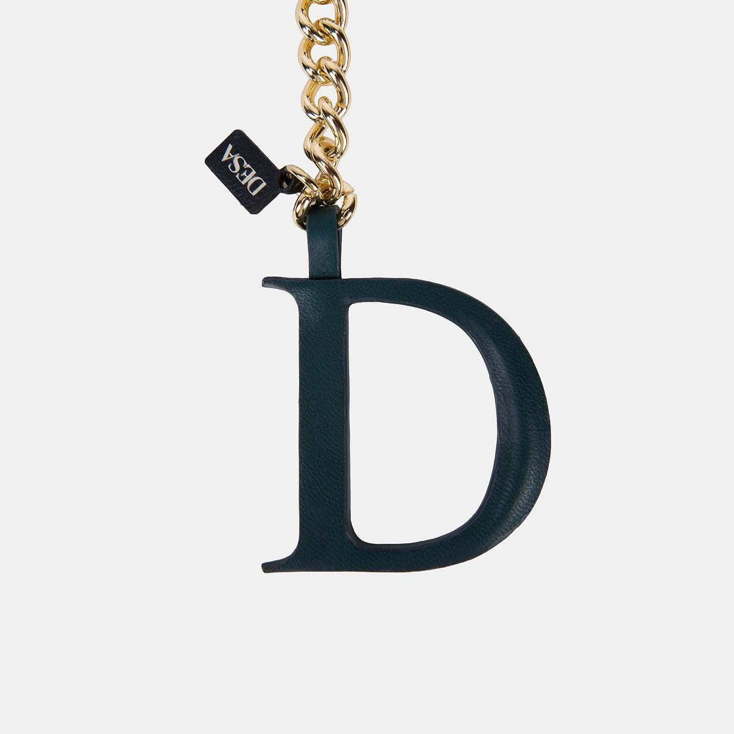 Koyu Yeşil D Harfi Gold Zincirli Deri Charm / Anahtarlık