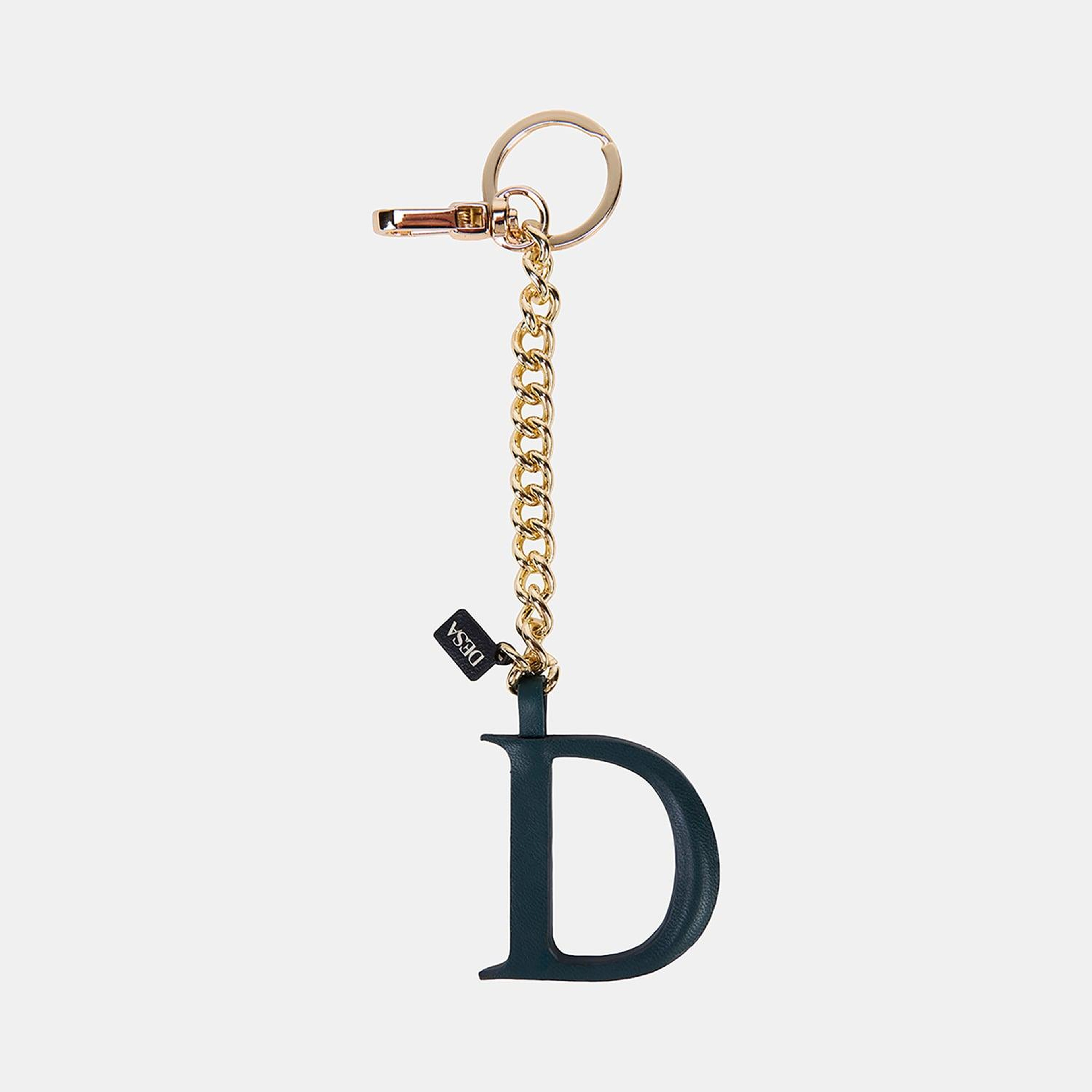 Koyu Yeşil D Harfi Gold Zincirli Deri Charm / Anahtarlık