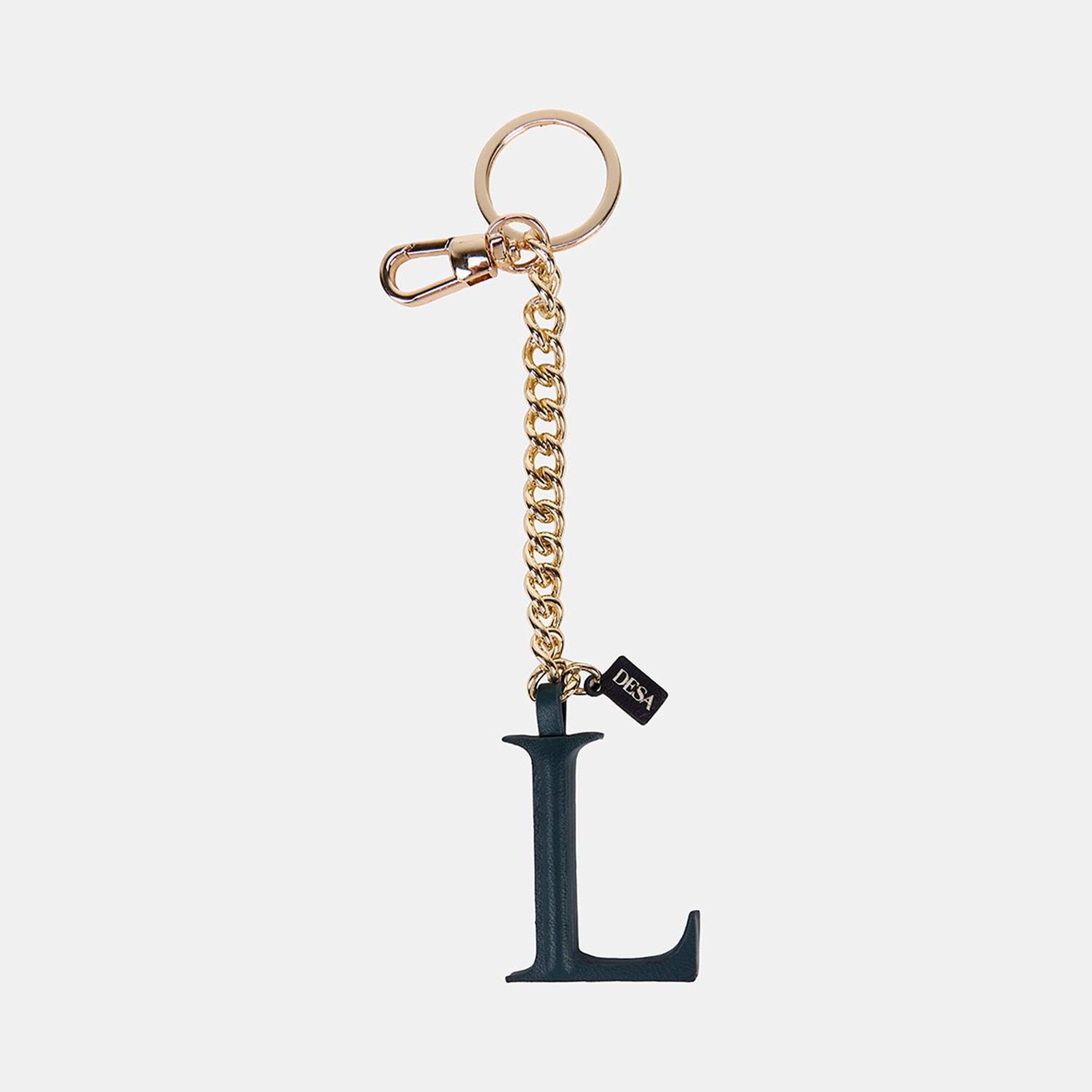 Koyu Yeşil L Harfi Gold Zincirli Deri Charm / Anahtarlık