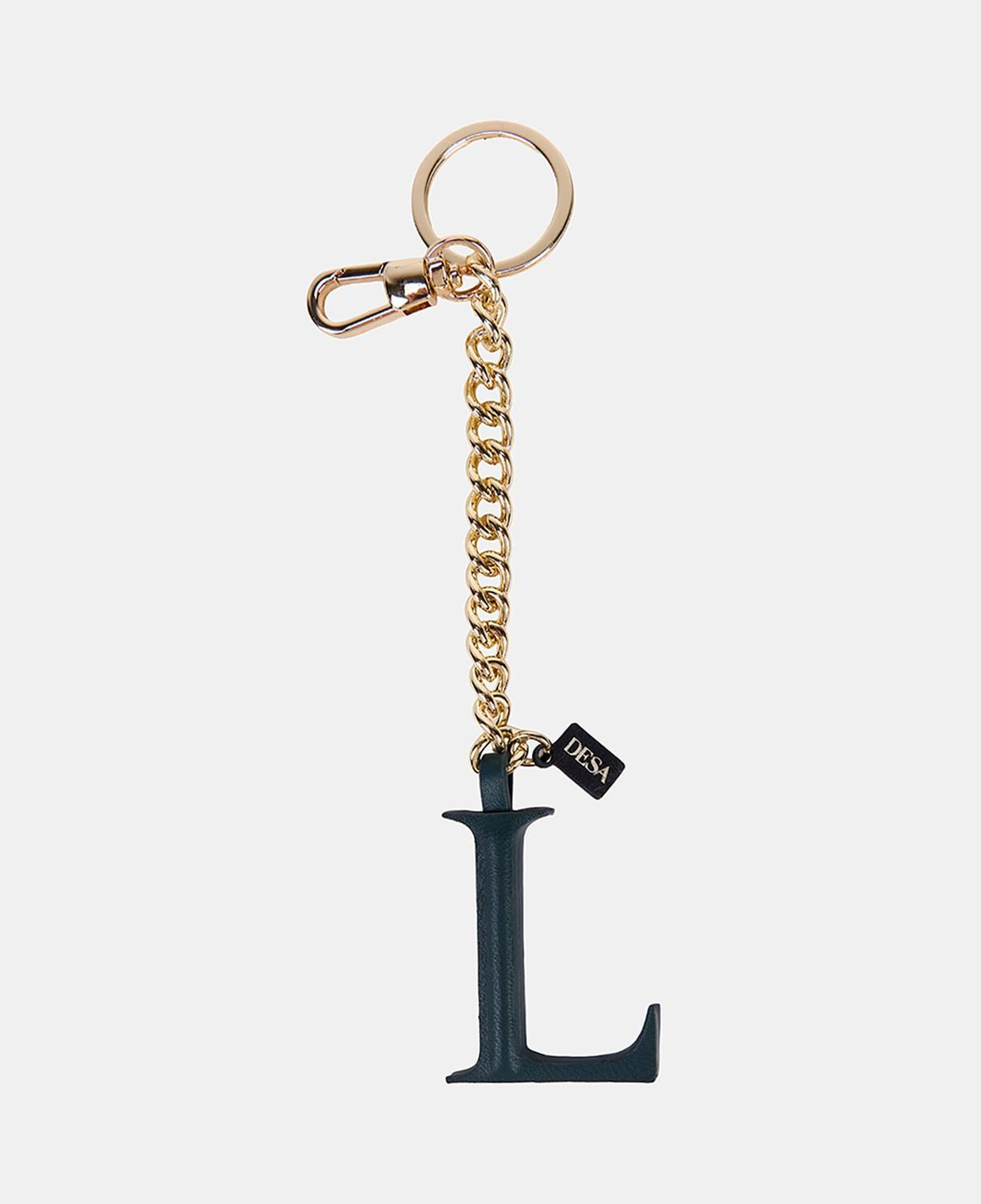 Koyu Yeşil L Harfi Gold Zincirli Deri Charm / Anahtarlık