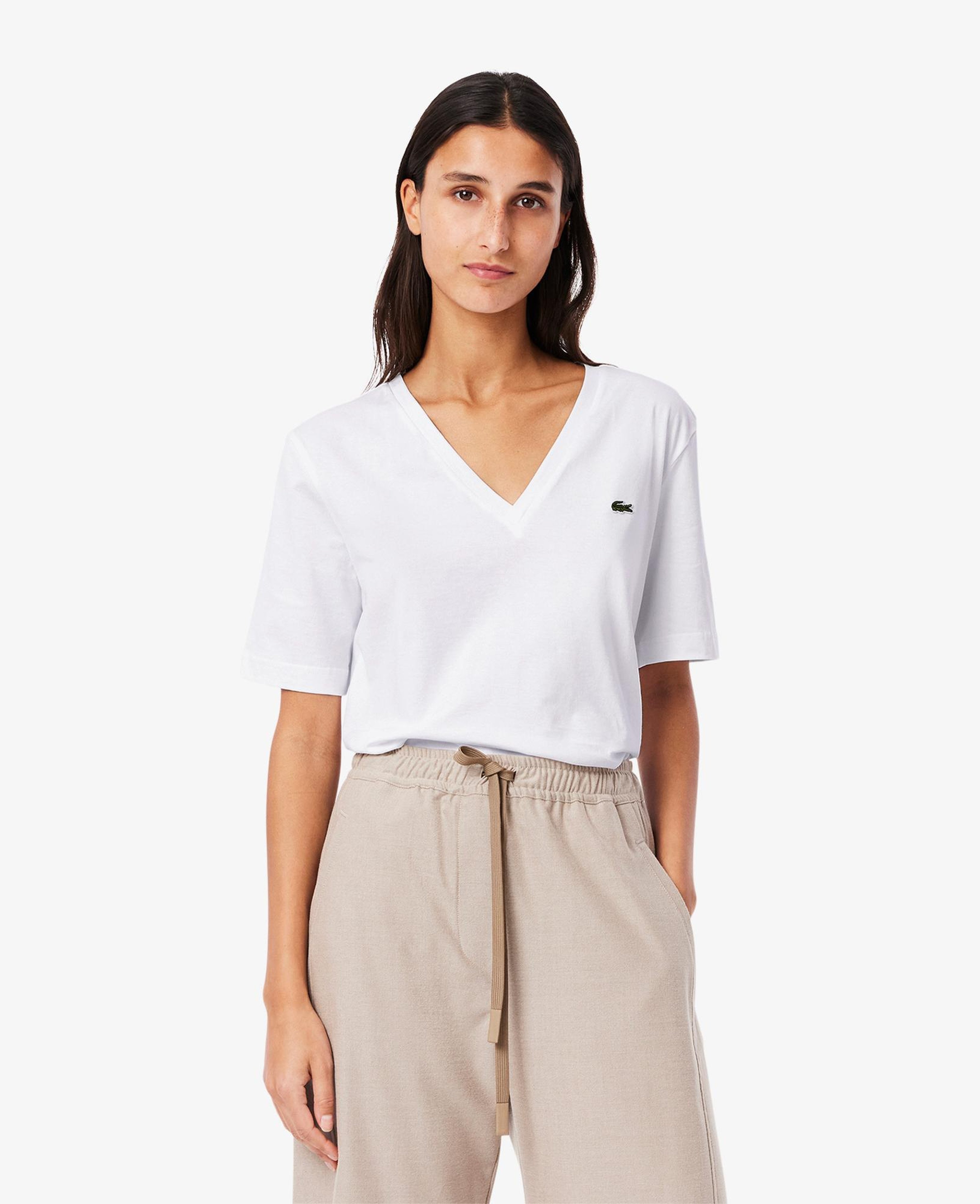 Lacoste Kadın Relaxed Fit V Yaka Beyaz T-Shirt