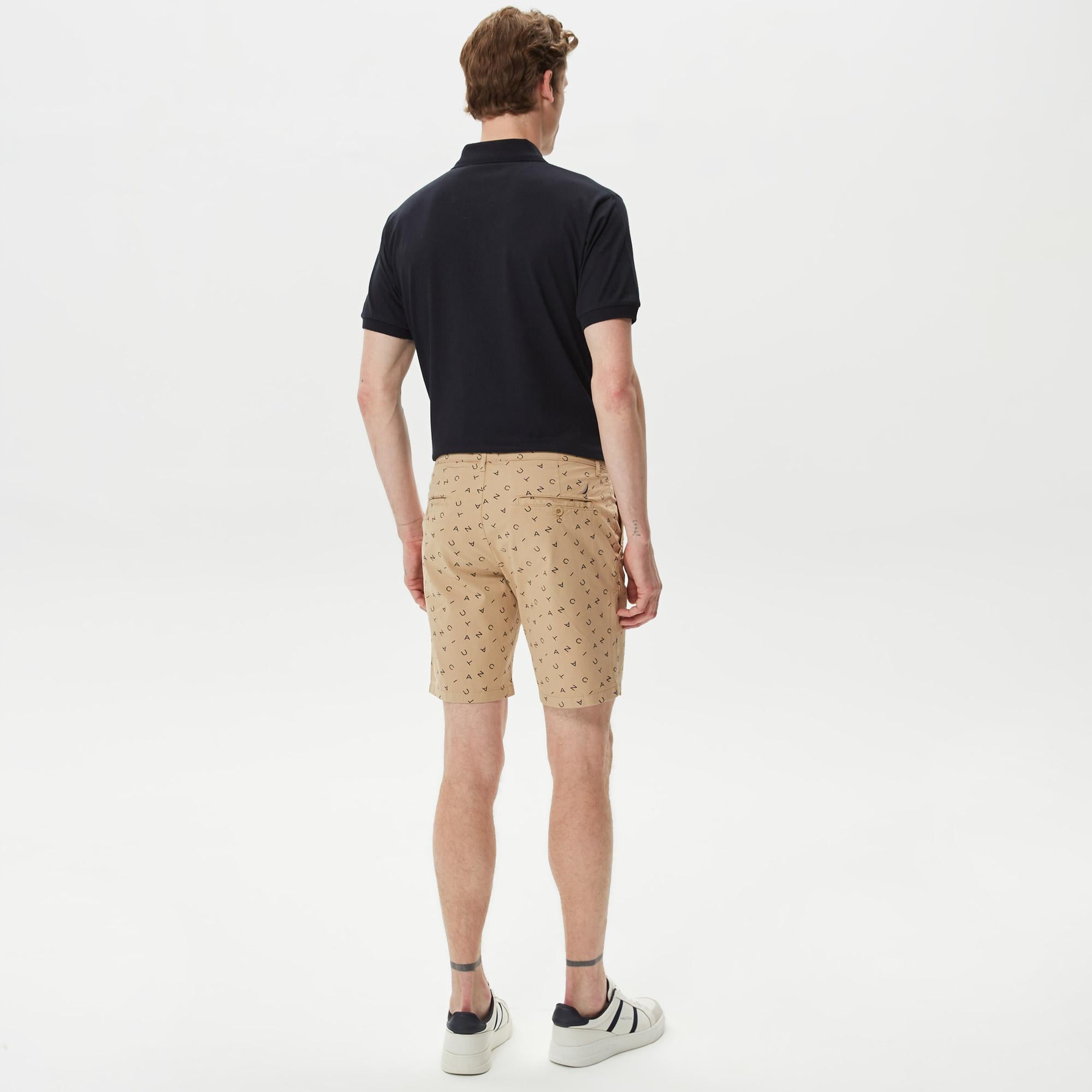 Nautica Erkek Bej Slim Fit Baskılı Bermuda