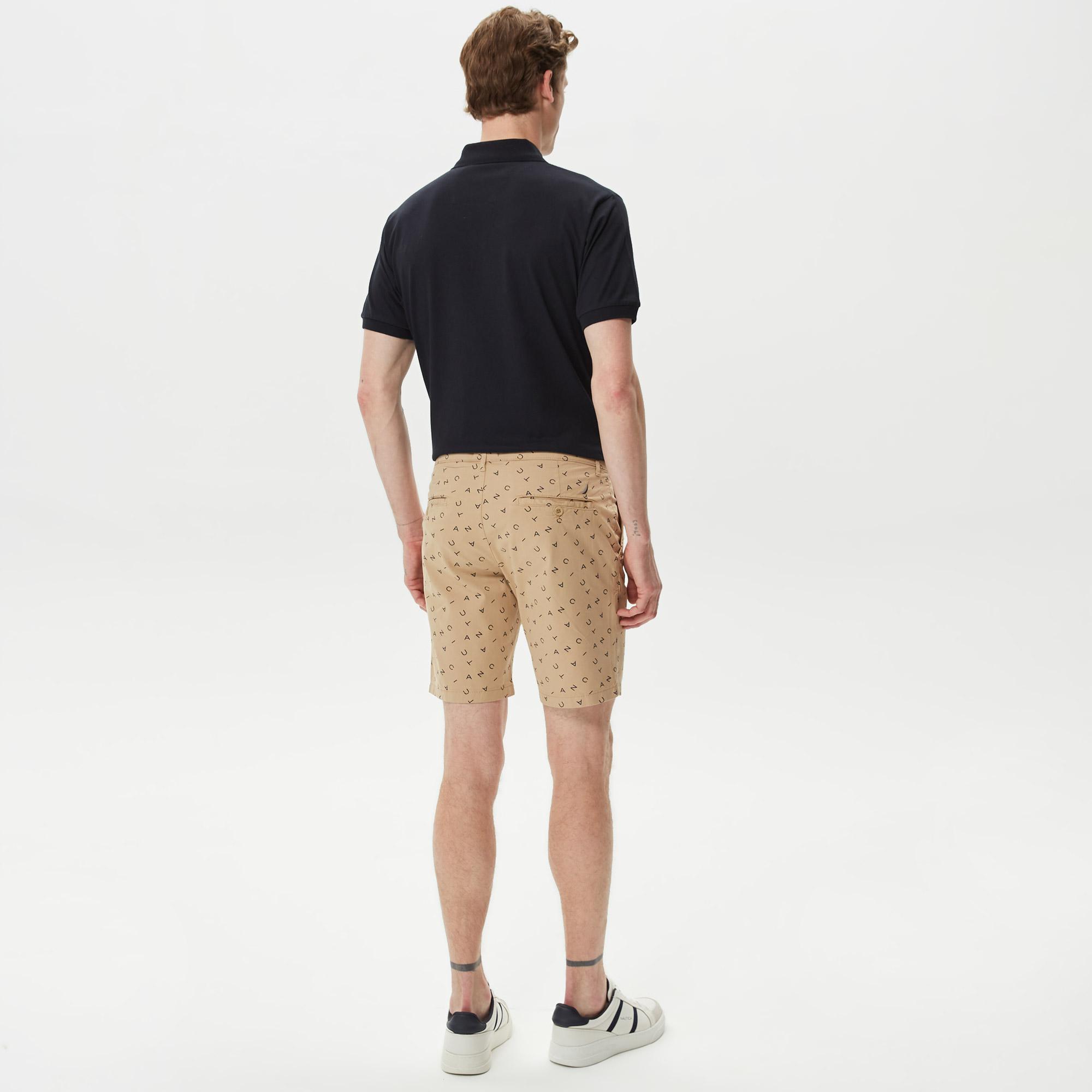 Nautica Erkek Bej Slim Fit Baskılı Bermuda