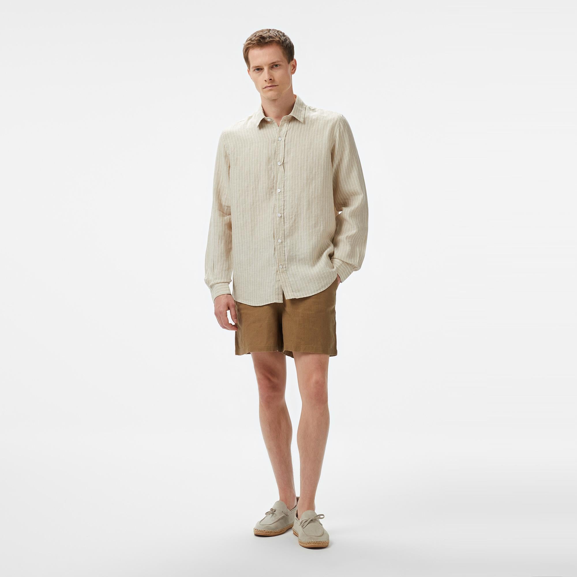Nautica Erkek Bej Classic Fit Çizgili Keten Gömlek