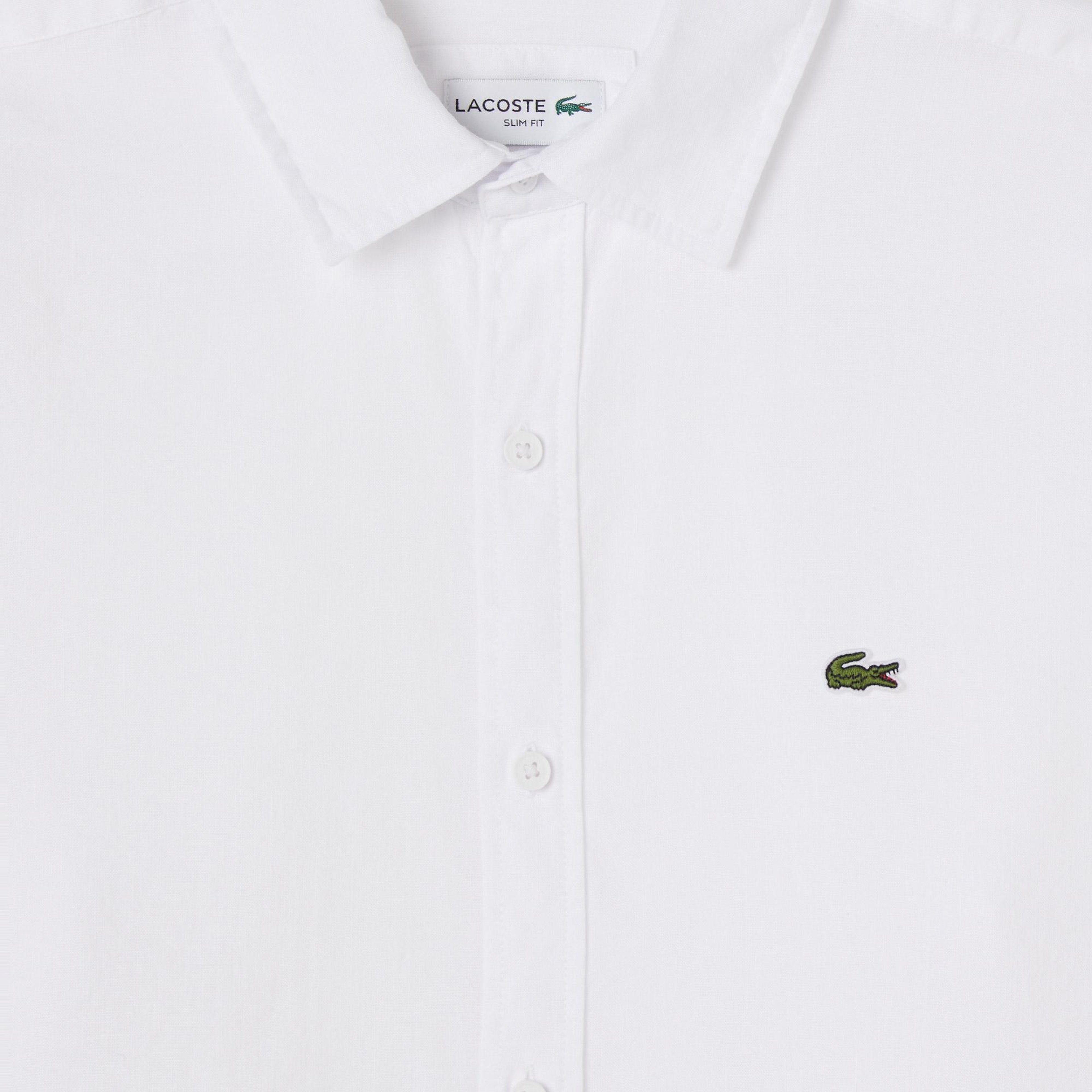 Erkek Slim Fit Keten Beyaz Gömlek