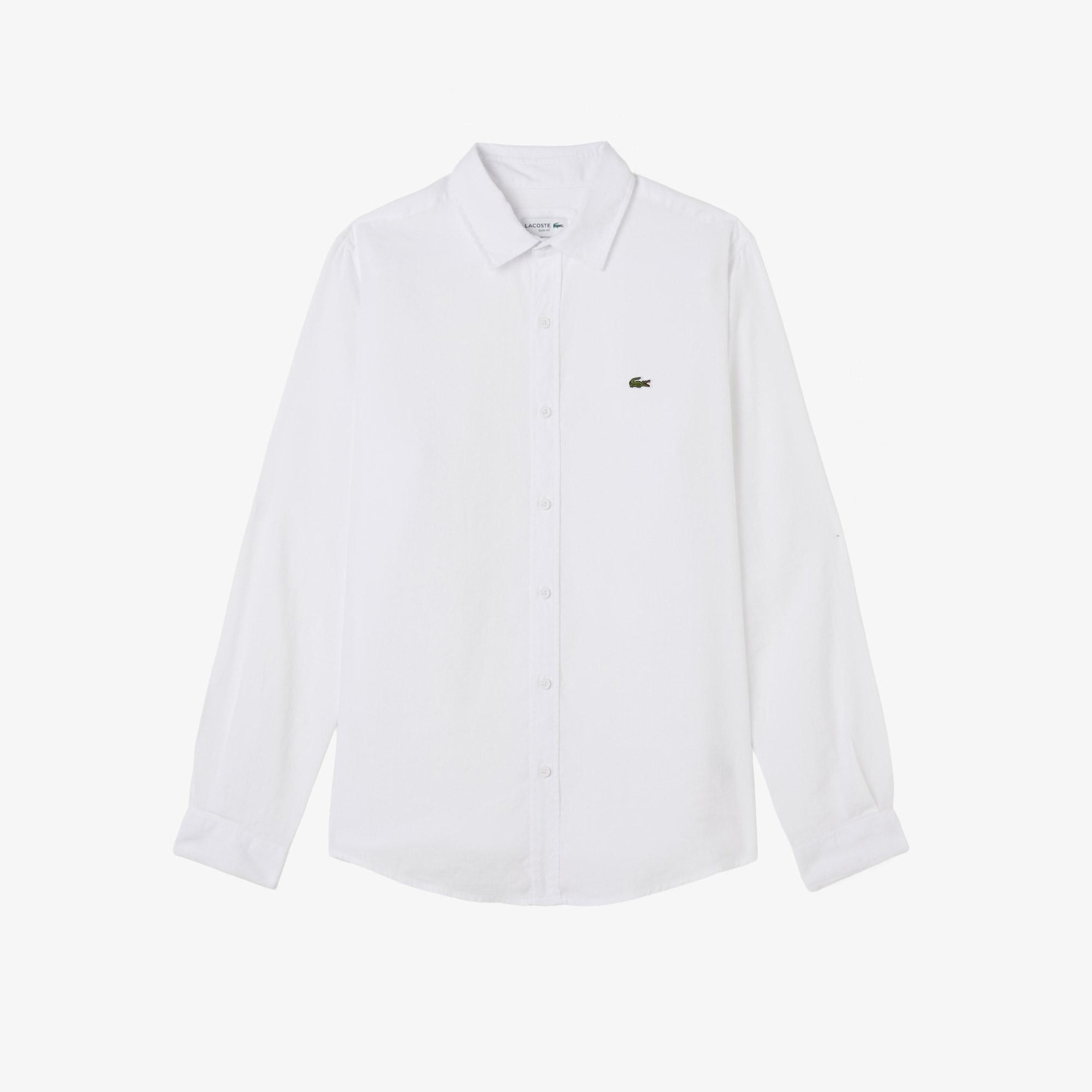 Erkek Slim Fit Keten Beyaz Gömlek