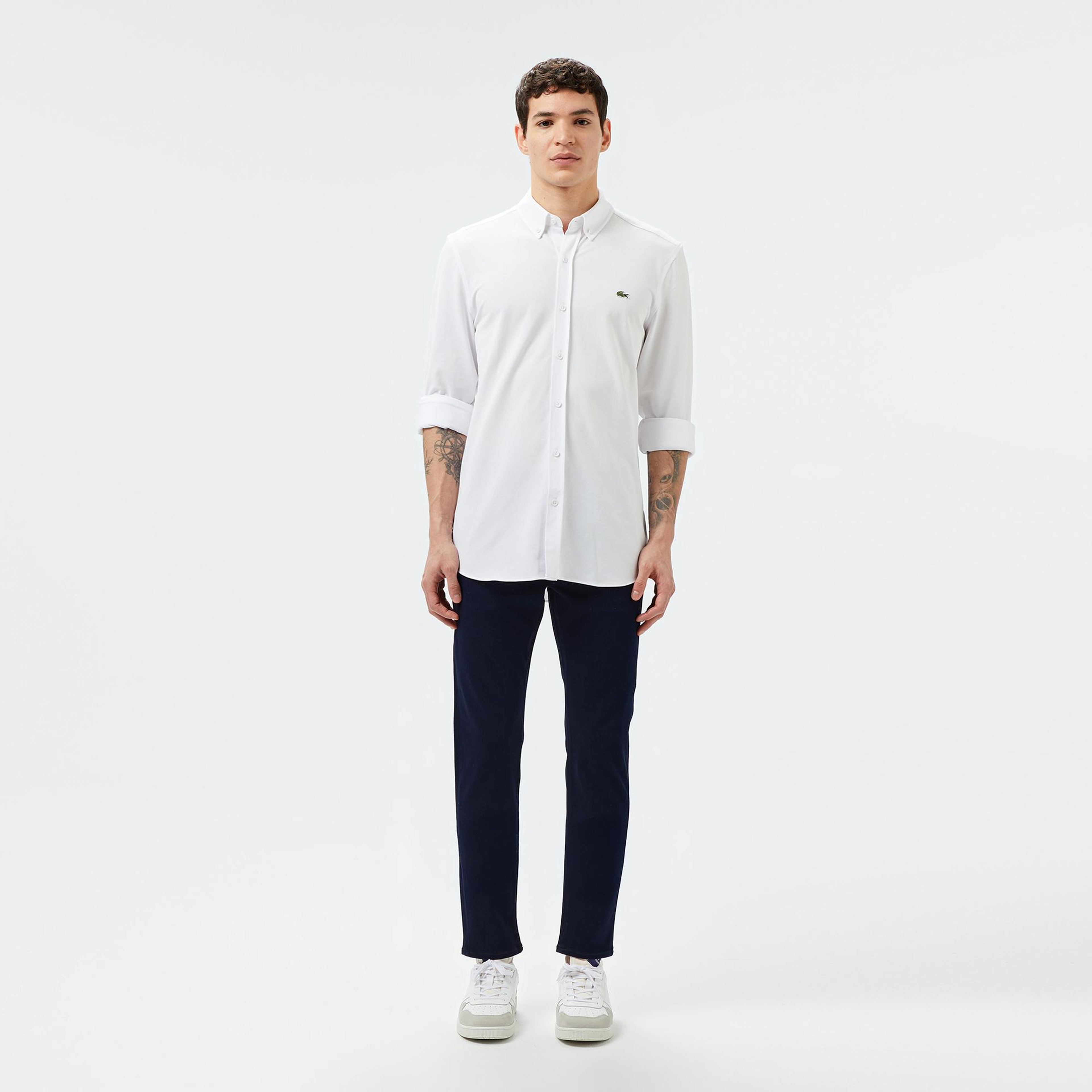 Erkek Slim Fit Düğmeli Yaka Beyaz Gömlek