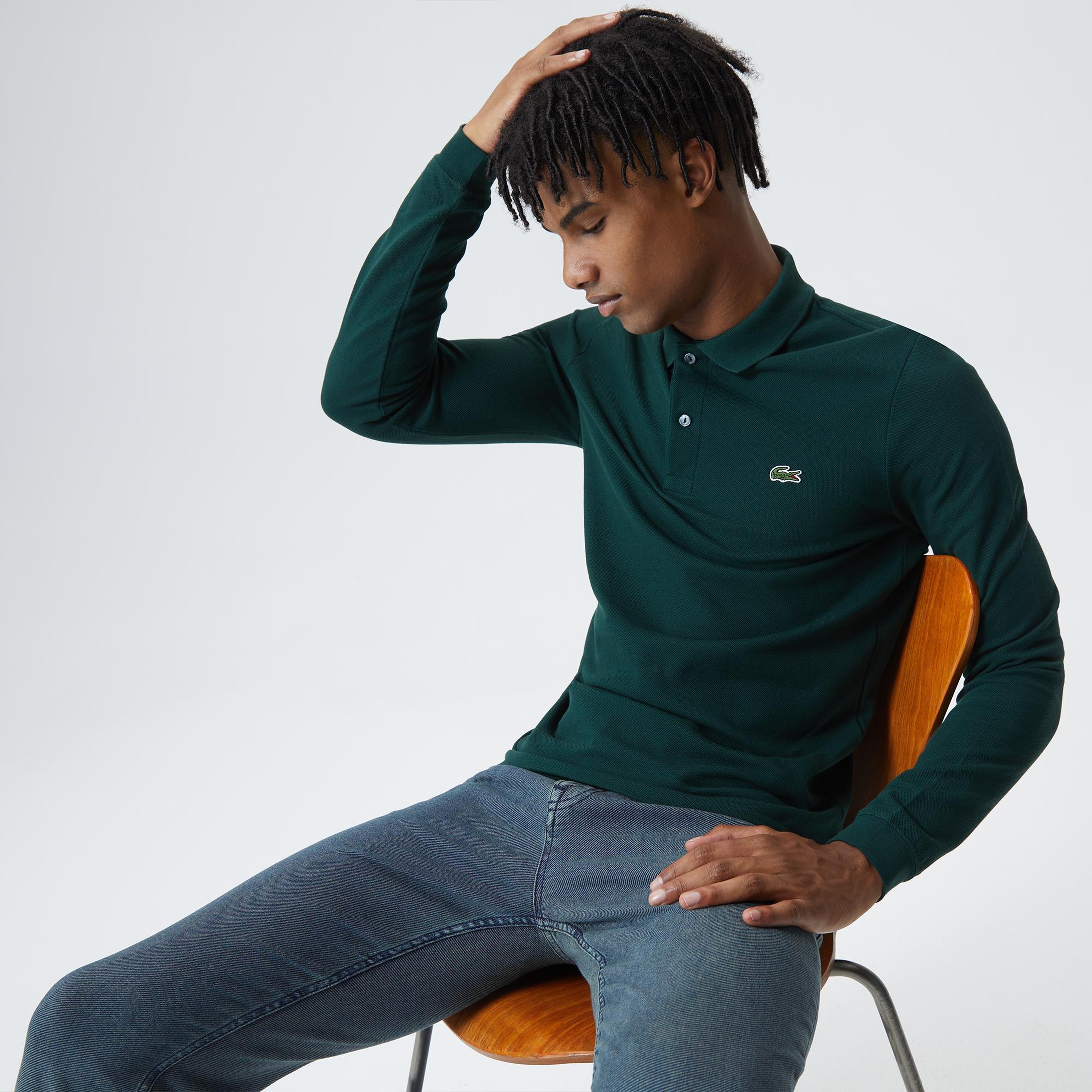 L.12.12 Erkek Slim Fit Uzun Kollu Koyu Yeşil Polo
