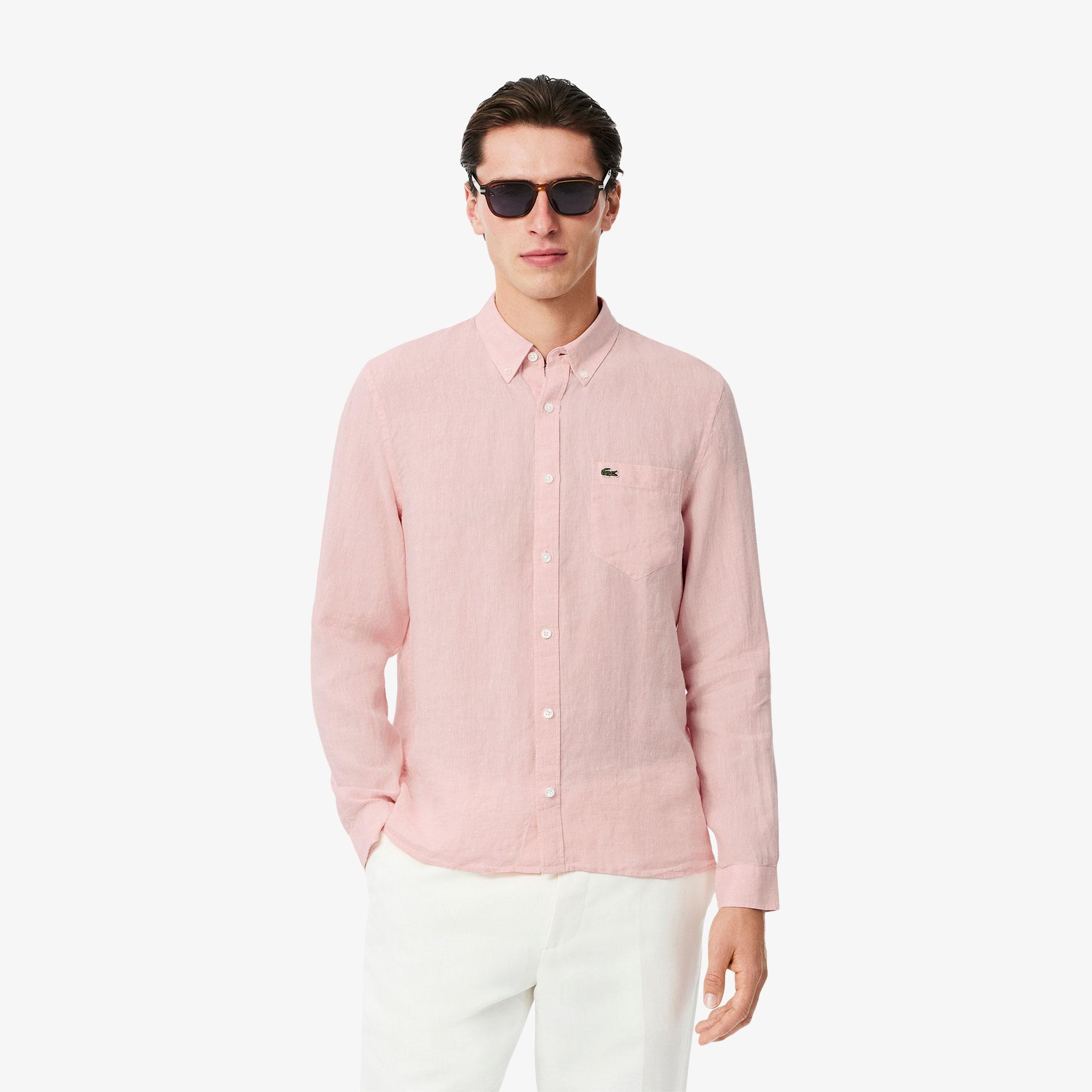 Lacoste Erkek Regular Fit Düğmeli Yaka Keten Açık Pembe Gömlek