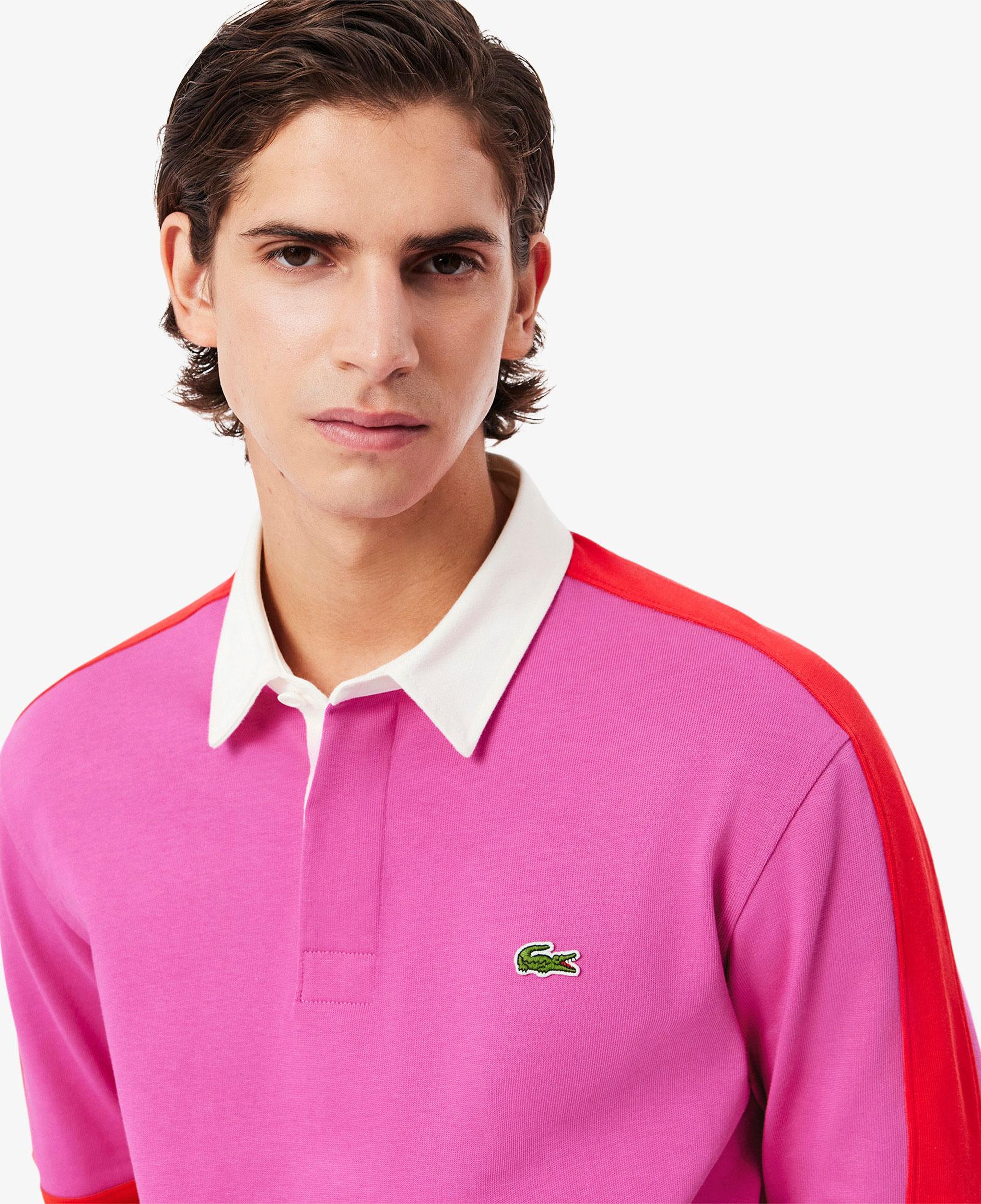Erkek Classic Fit Uzun Kollu Polo Yaka Renk Bloklu Pembe Rugby Polo