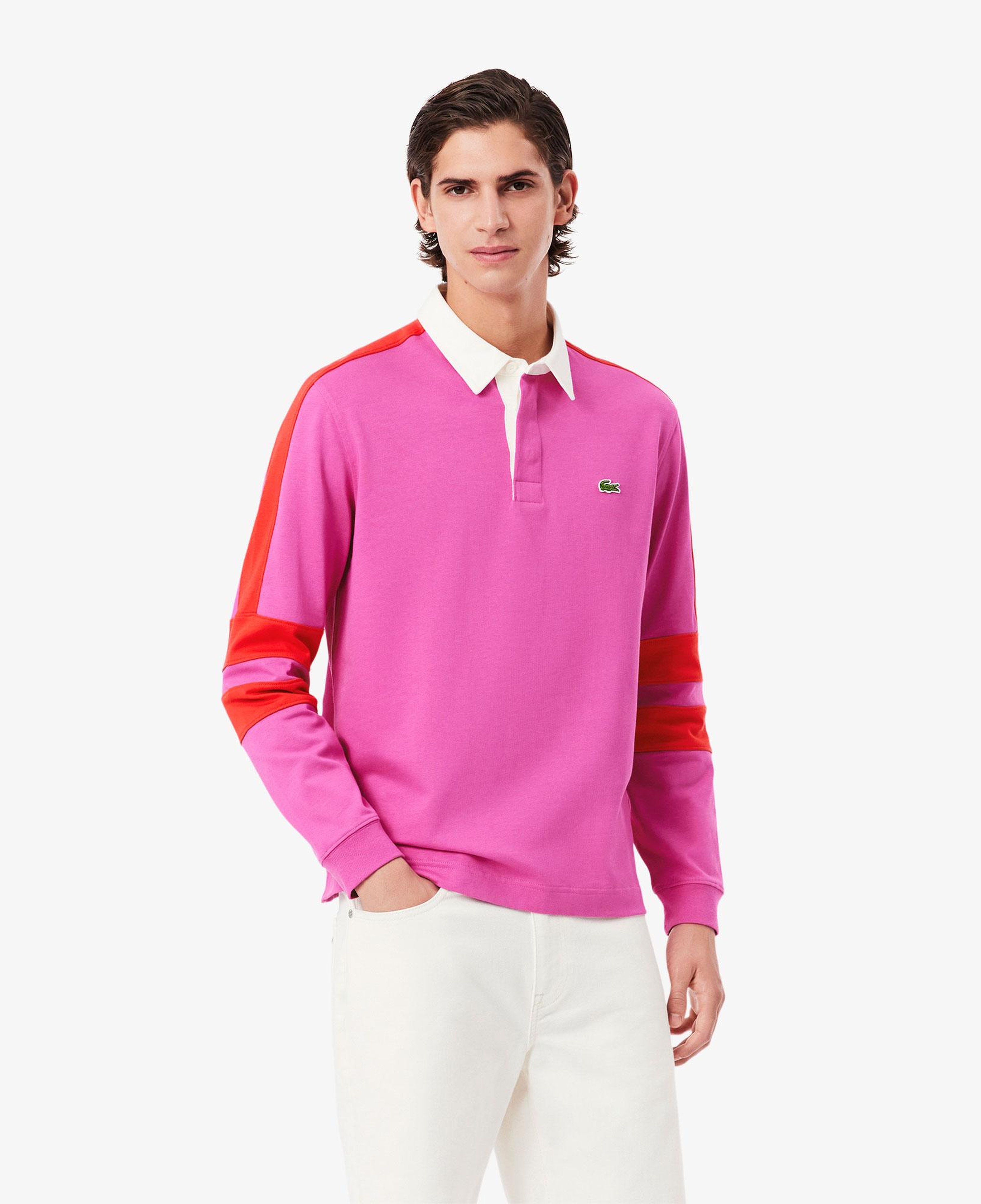 Erkek Classic Fit Uzun Kollu Polo Yaka Renk Bloklu Pembe Rugby Polo