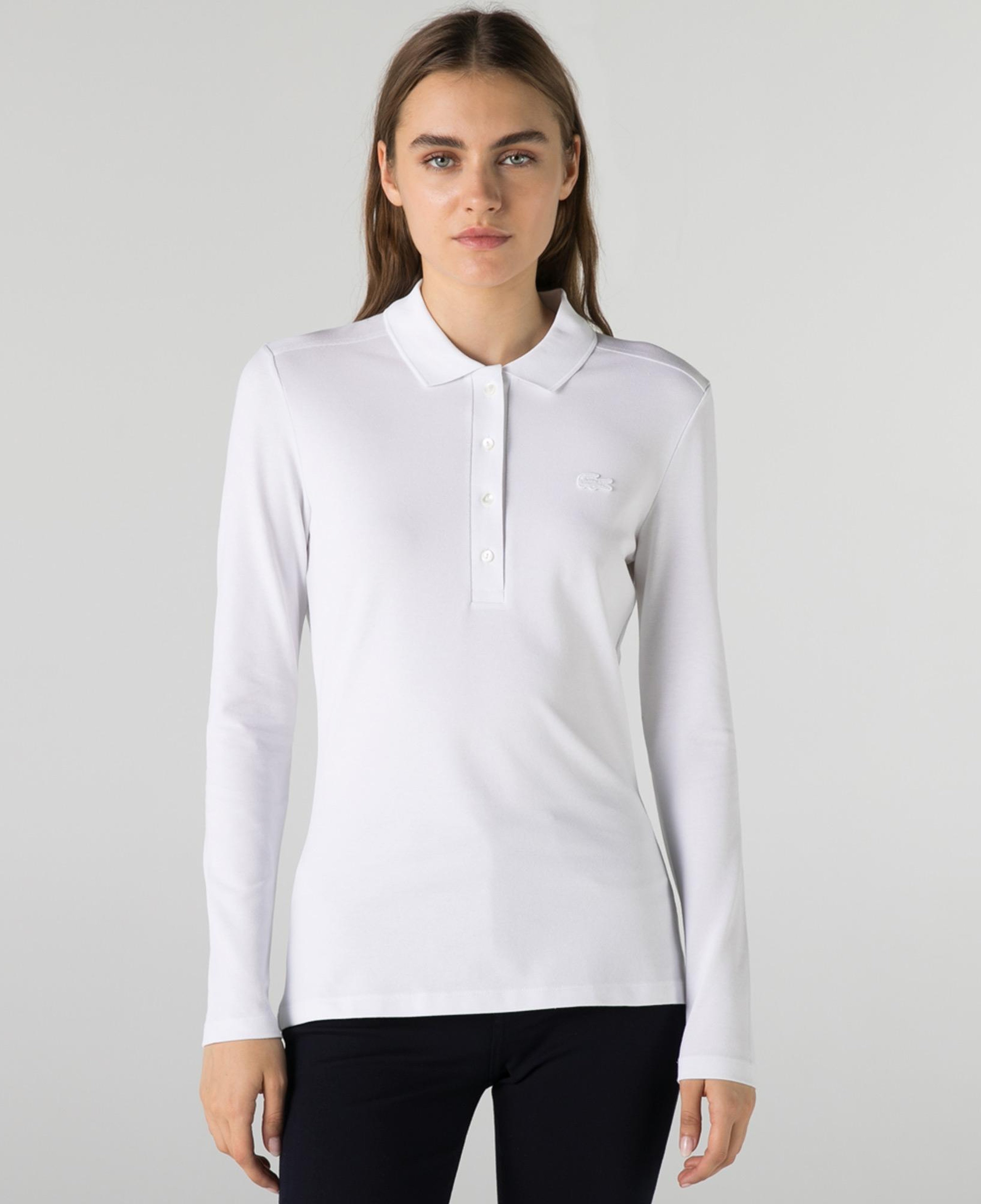 Kadın Slim Fit Uzun Kollu Beyaz Polo