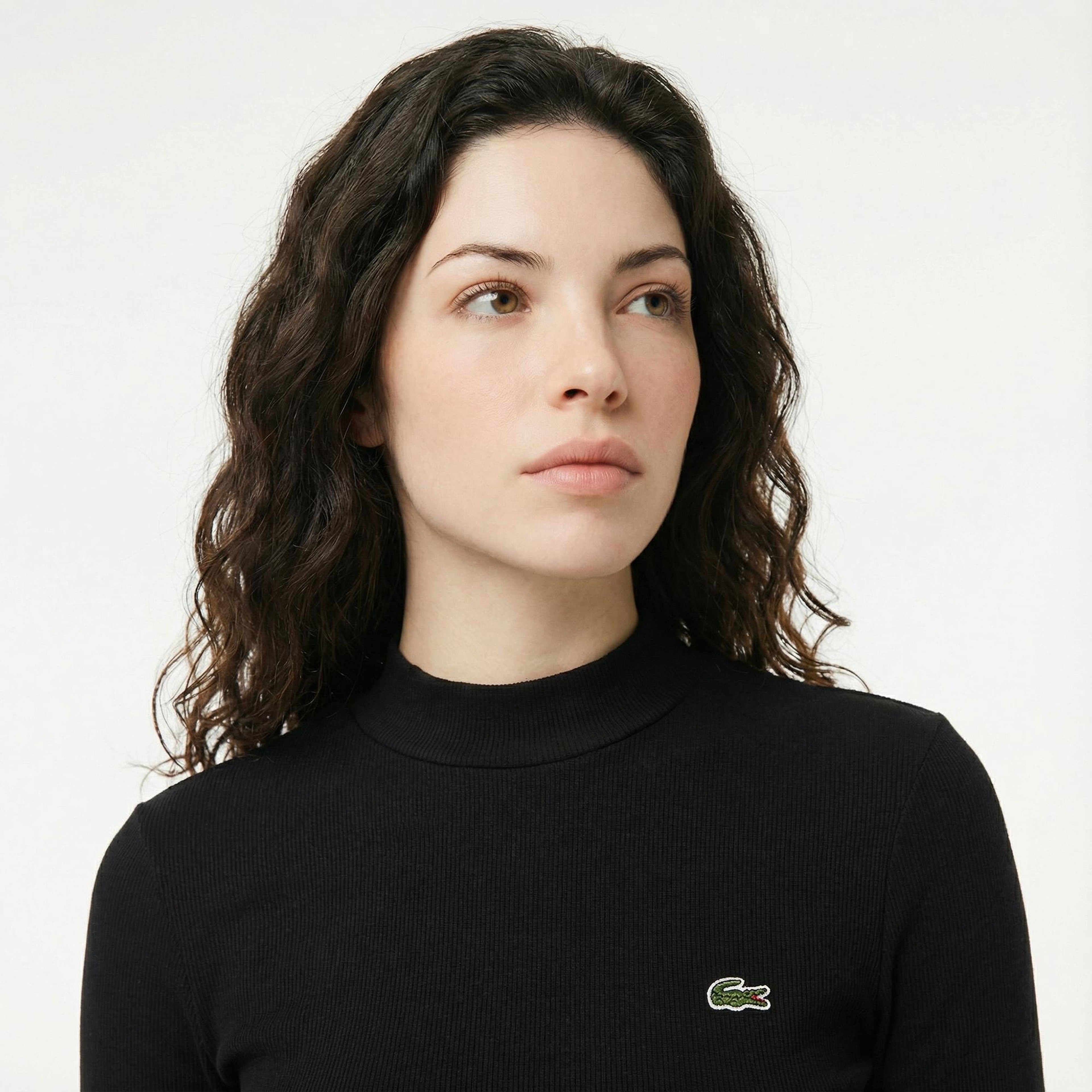 Lacoste Kadın Slim Fit Uzun Kollu Bisiklet Yaka Siyah T-Shirt