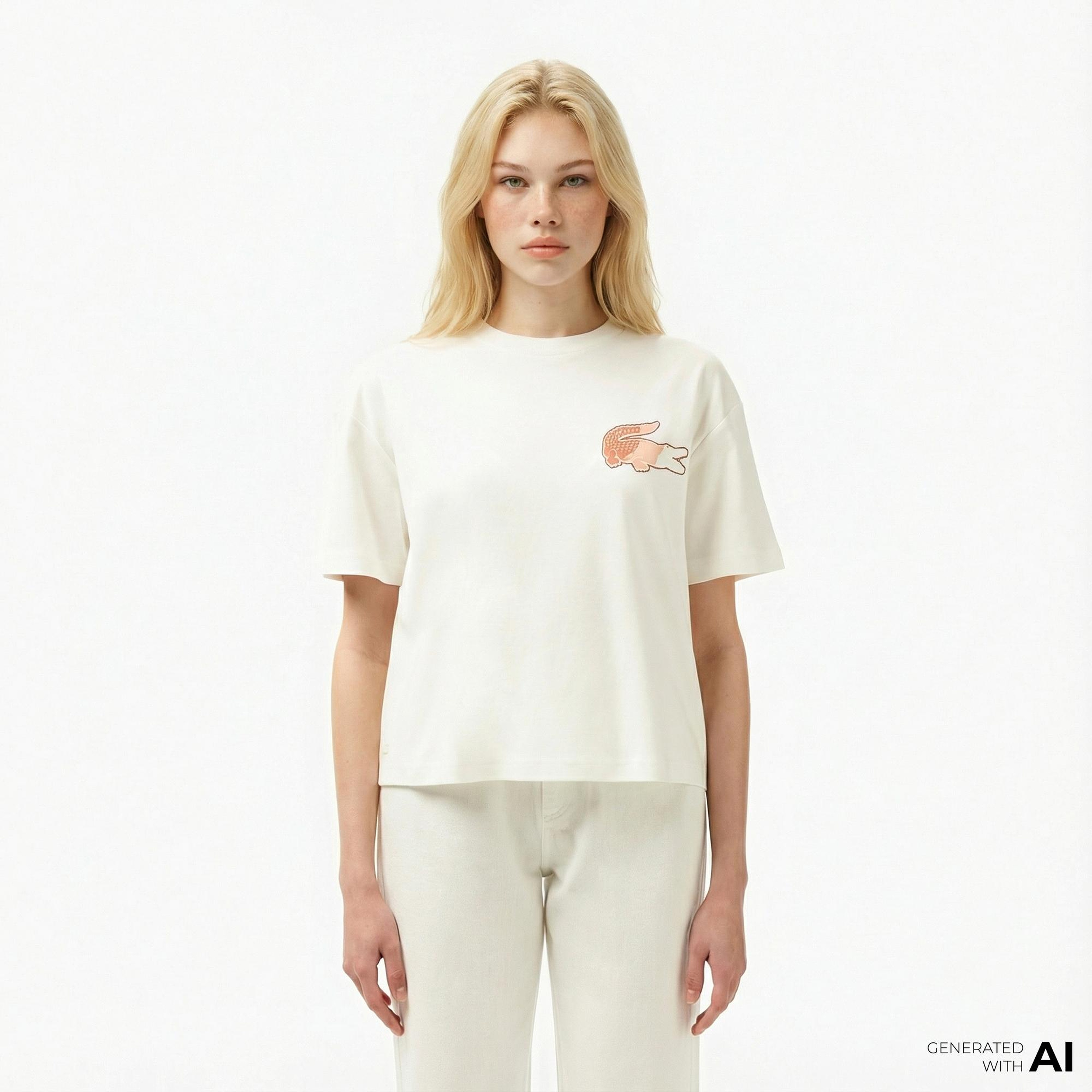 Lacoste Kadın Bisiklet Yaka Baskılı Beyaz T-Shirt