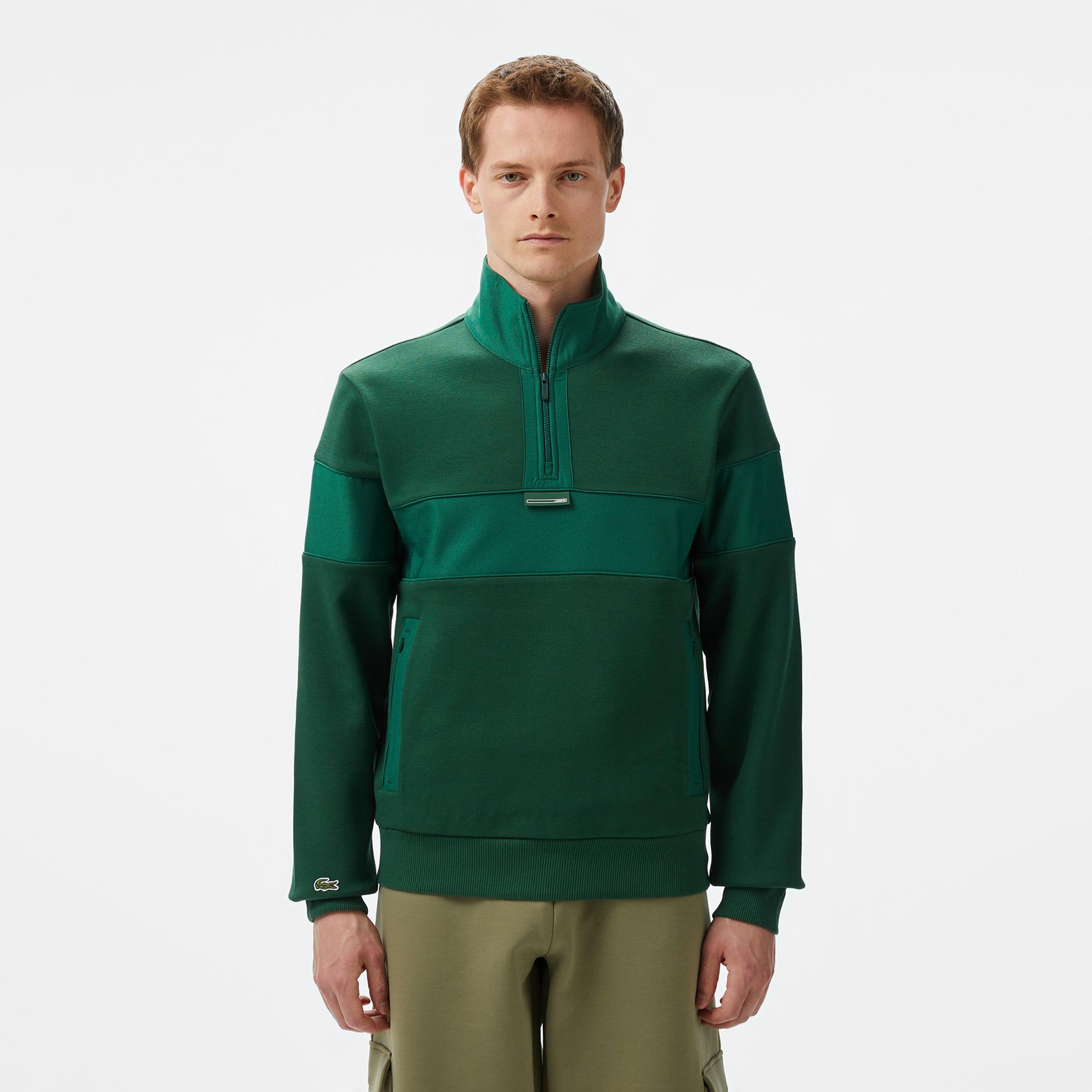 Erkek Classic Fit Yarım Fermuarlı Renk Bloklu Koyu Yeşil Sweatshirt