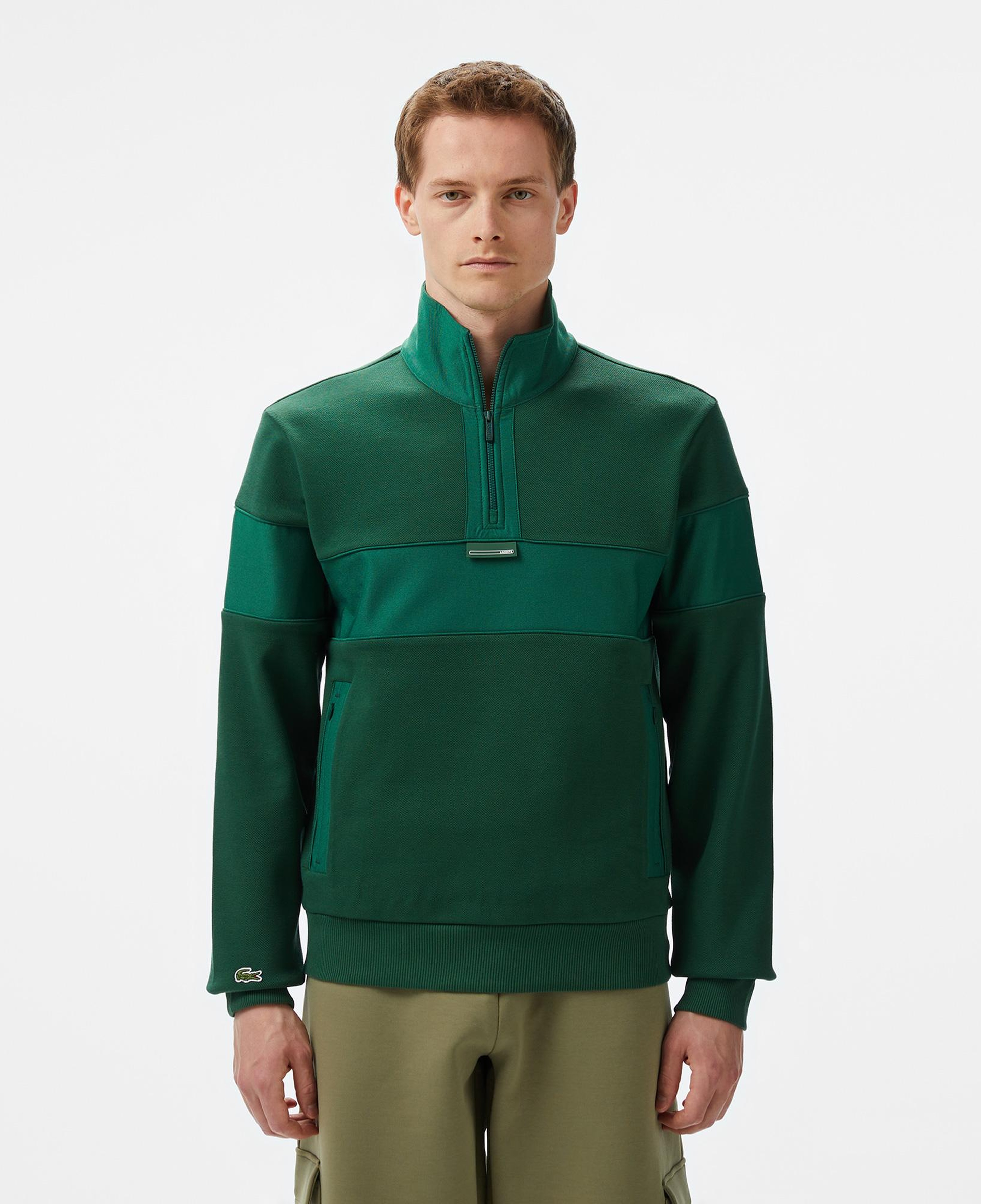 Erkek Classic Fit Yarım Fermuarlı Renk Bloklu Koyu Yeşil Sweatshirt