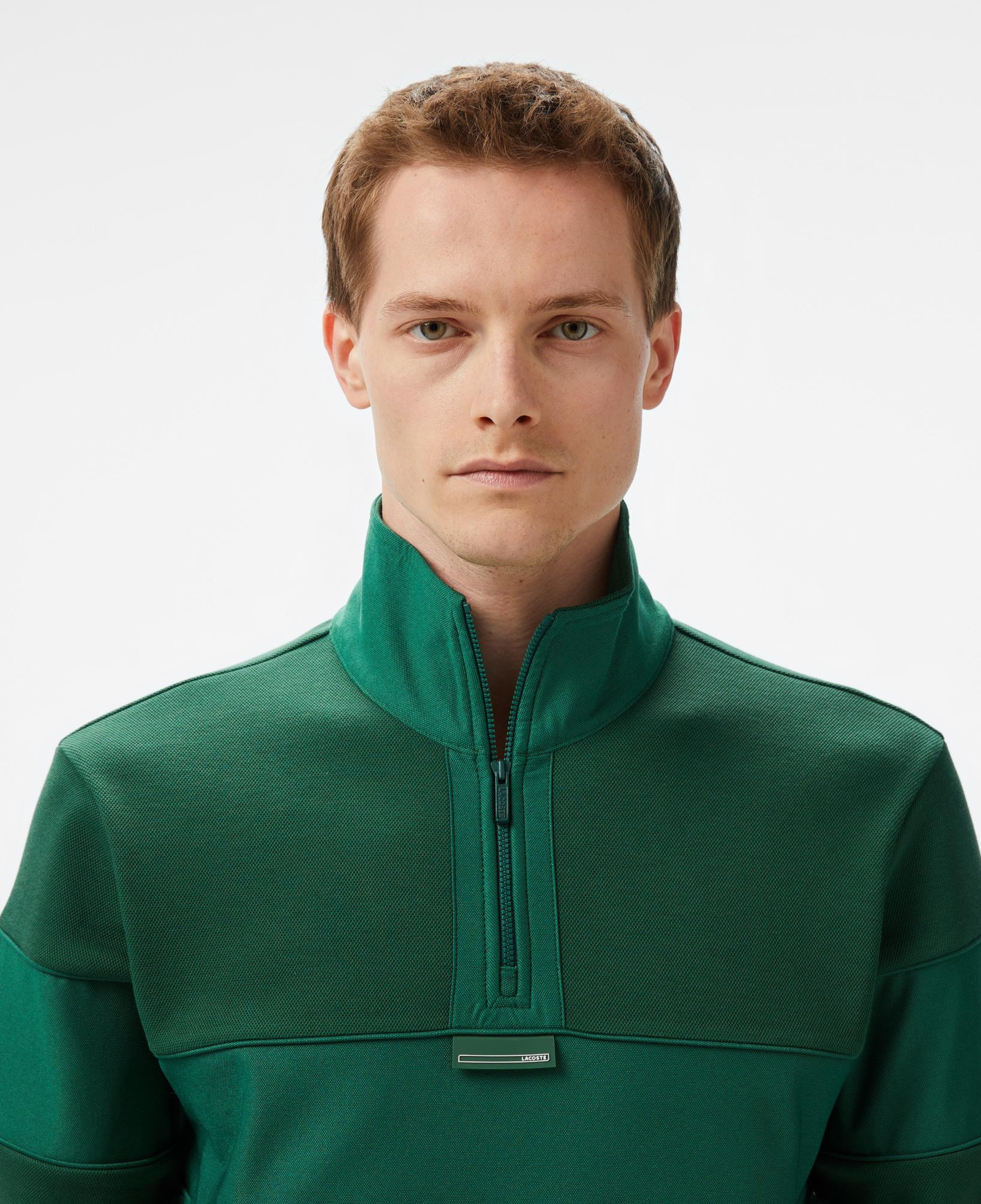 Erkek Classic Fit Yarım Fermuarlı Renk Bloklu Koyu Yeşil Sweatshirt