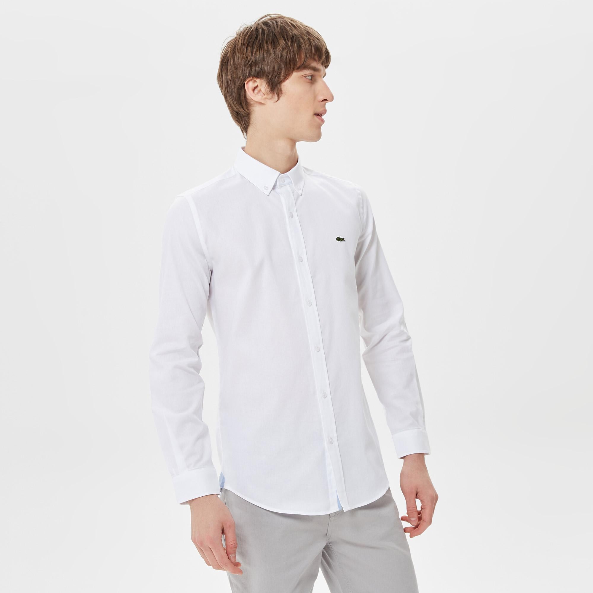 Erkek Slim Fit Düğmeli Yaka Beyaz Gömlek