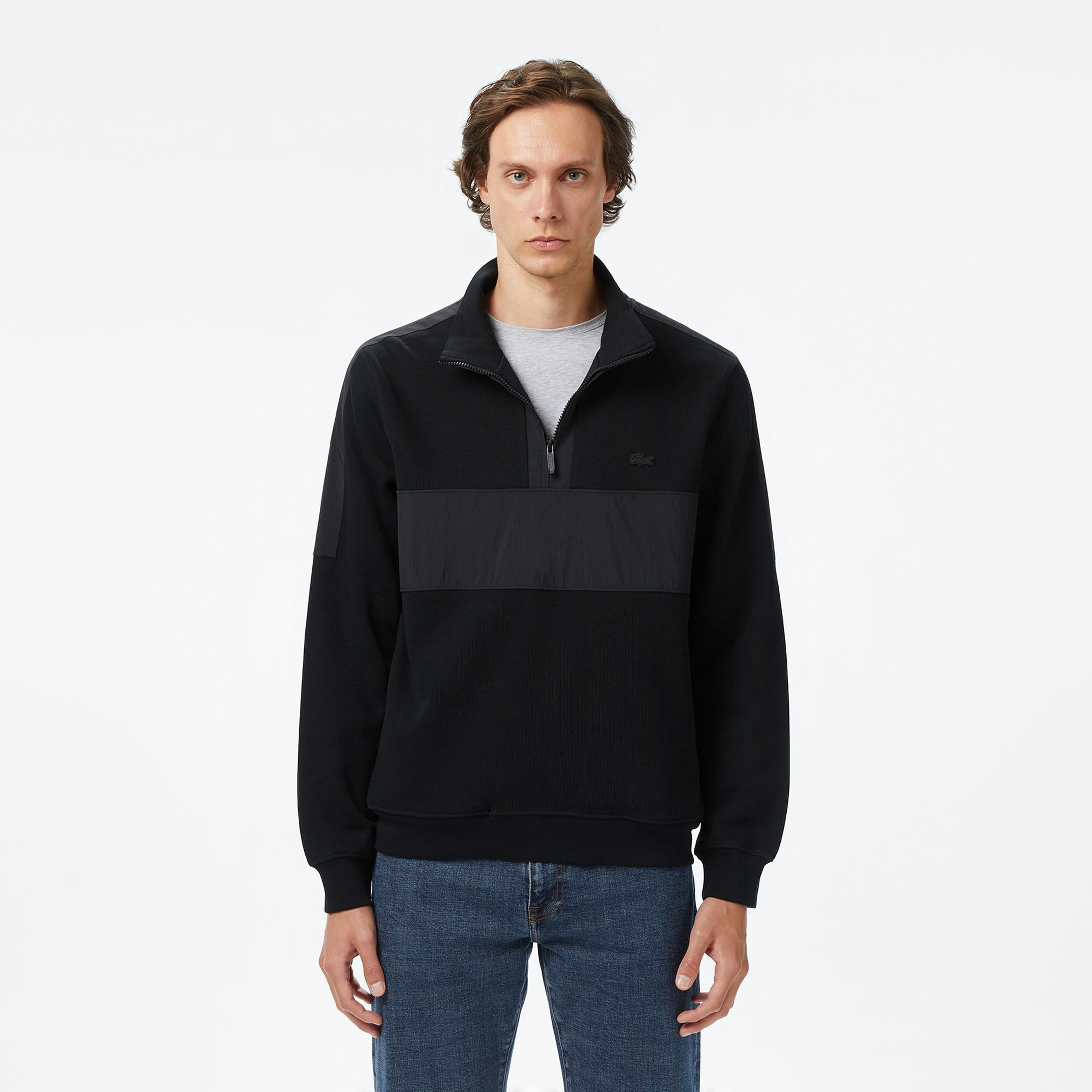 Erkek Classic Fit Yarım Fermuarlı Siyah Sweatshirt