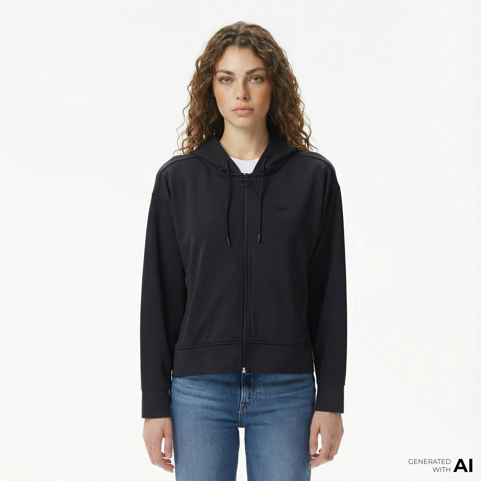 Lacoste Kadın Relaxed Fit Kapüşonlu Siyah Sweatshirt